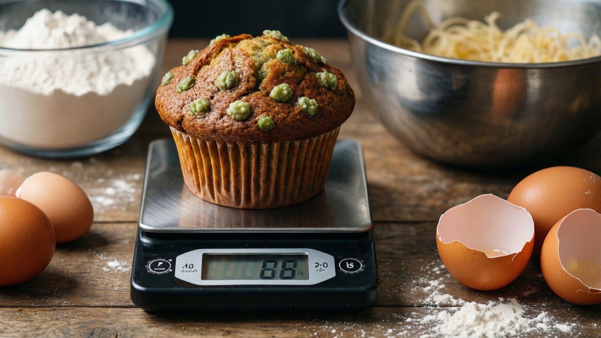 Baking Prep 壁紙 — 一個新鮮出爐的鬆餅，上面有青豆，放在一個數位廚房秤上，周圍有麵粉、雞蛋和義大利麵在木桌上。
