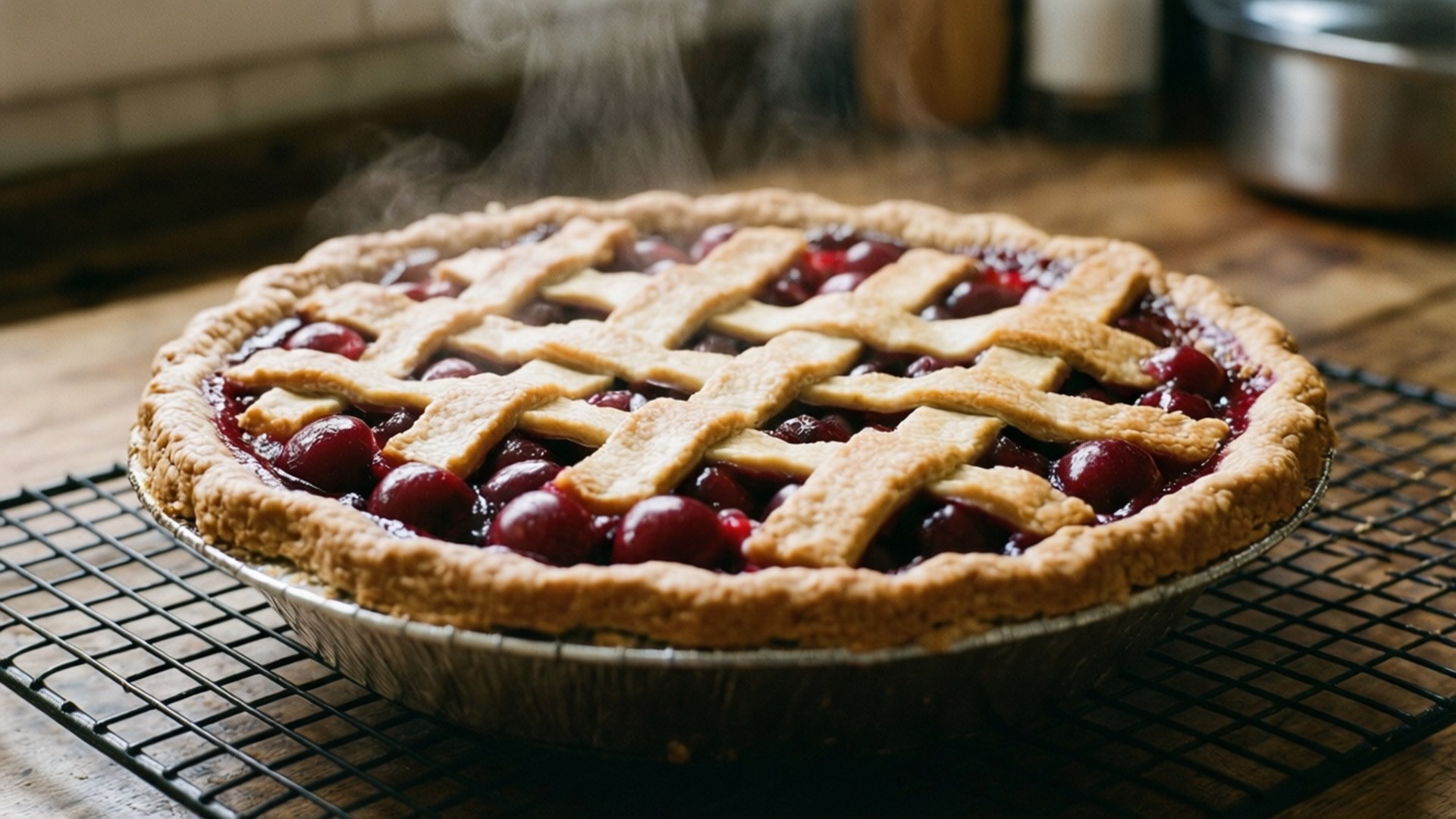 Homemade Cherry Pie 壁紙 — 新鮮出爐的櫻桃派，金黃色格子外皮，在鄉村風格的廚房的鐵絲架上冒著蒸氣。