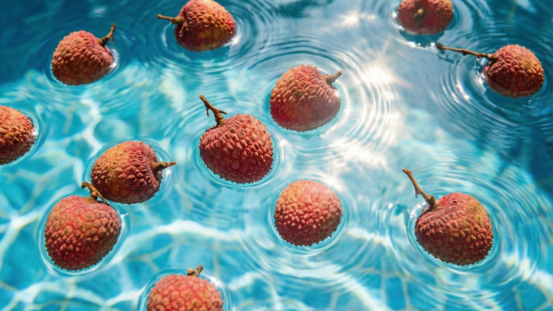Floating Litchi Pool 壁紙 — 新鮮荔枝漂浮在陽光照射的碧綠水面上，形成輕柔的漣漪和明亮的倒影。