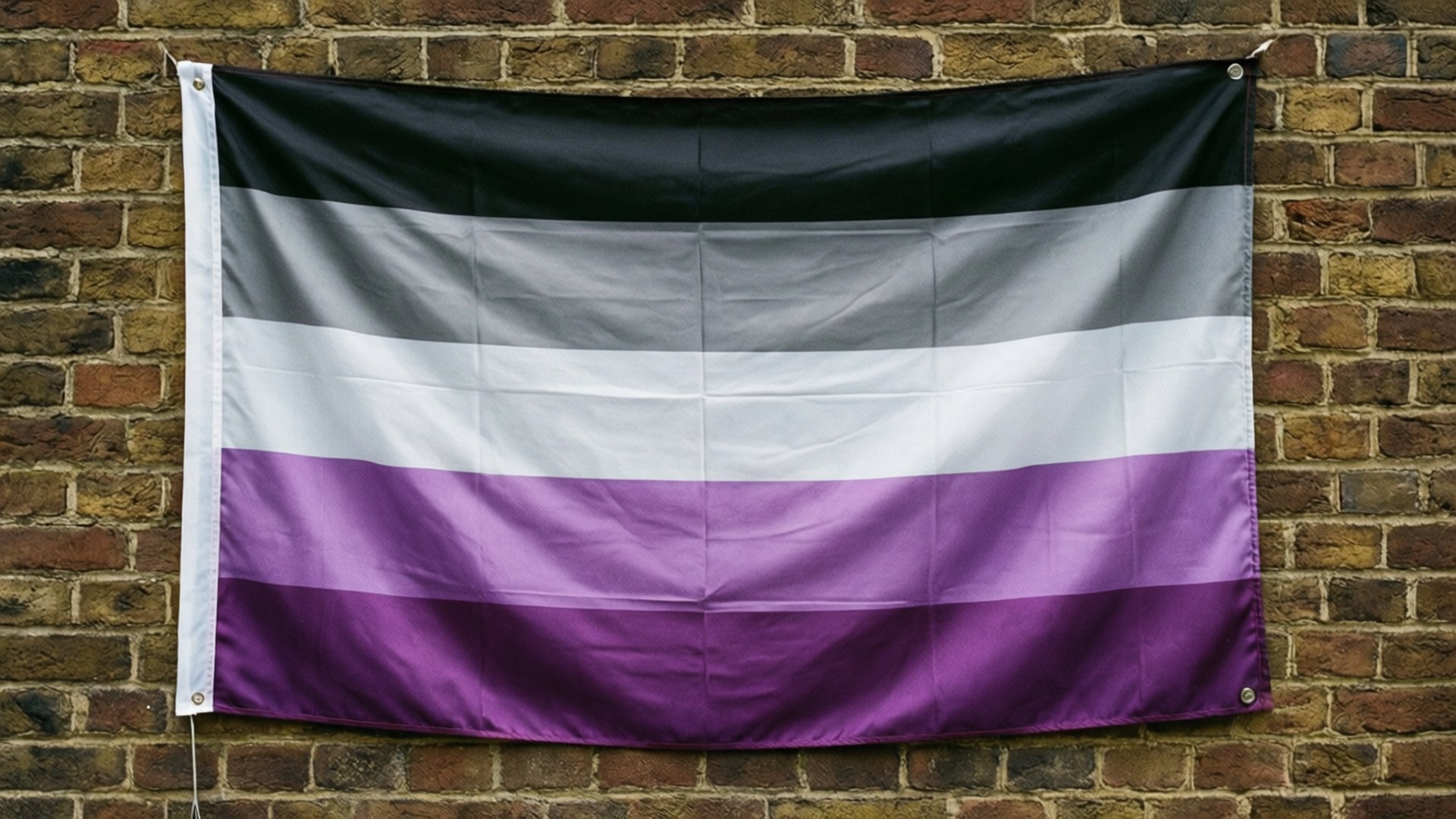 Ace Flag on Brick 壁紙 — 一面帶有黑色、灰色、白色和紫色條紋的性別酷兒旗幟，緊繃地掛在風化的磚牆上。