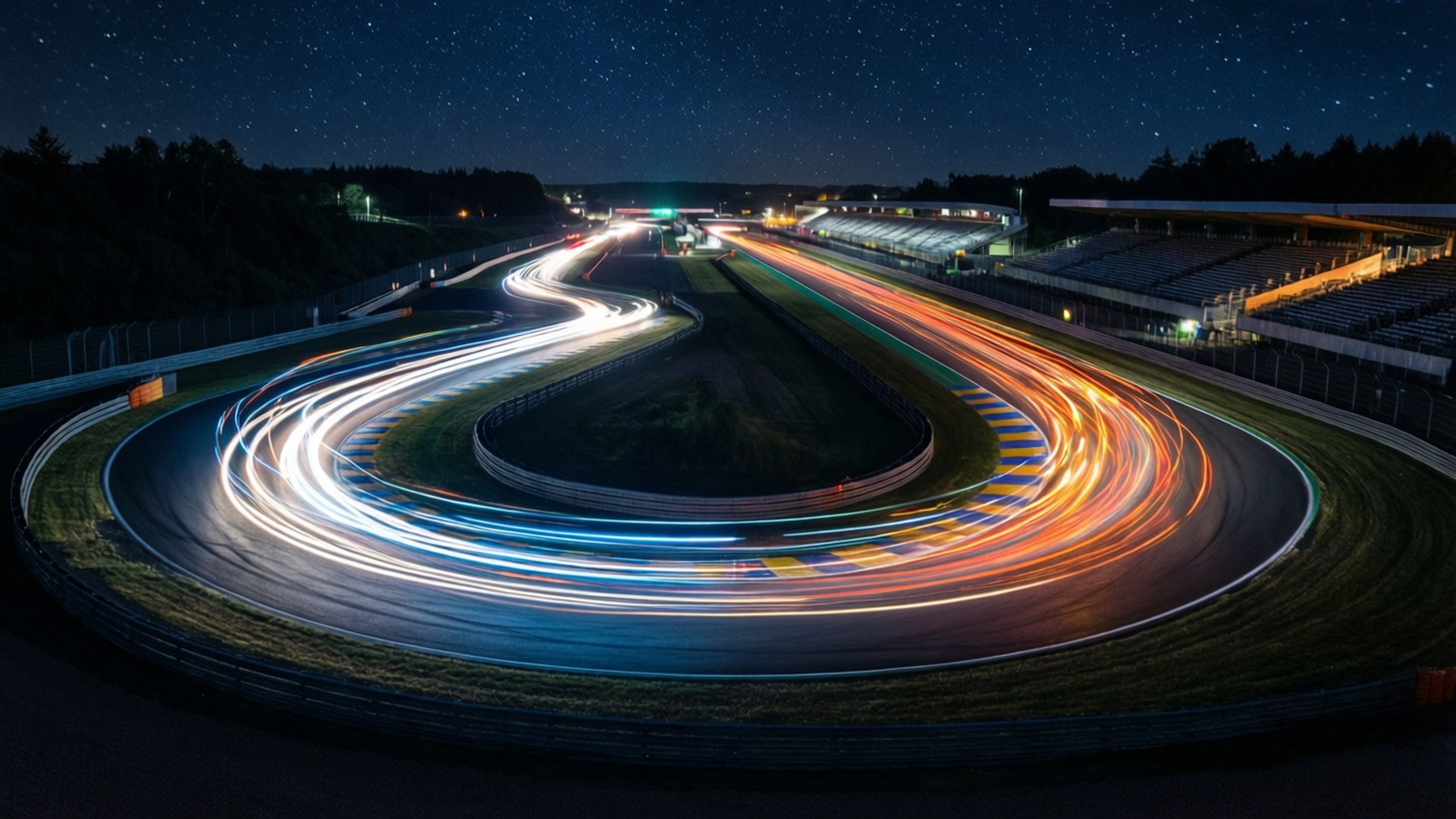 Le Mans 桌布 壁紙 — 星空長時間曝光捕捉賽車在彎曲賽道上留下的發光光跡，看台空無一人。