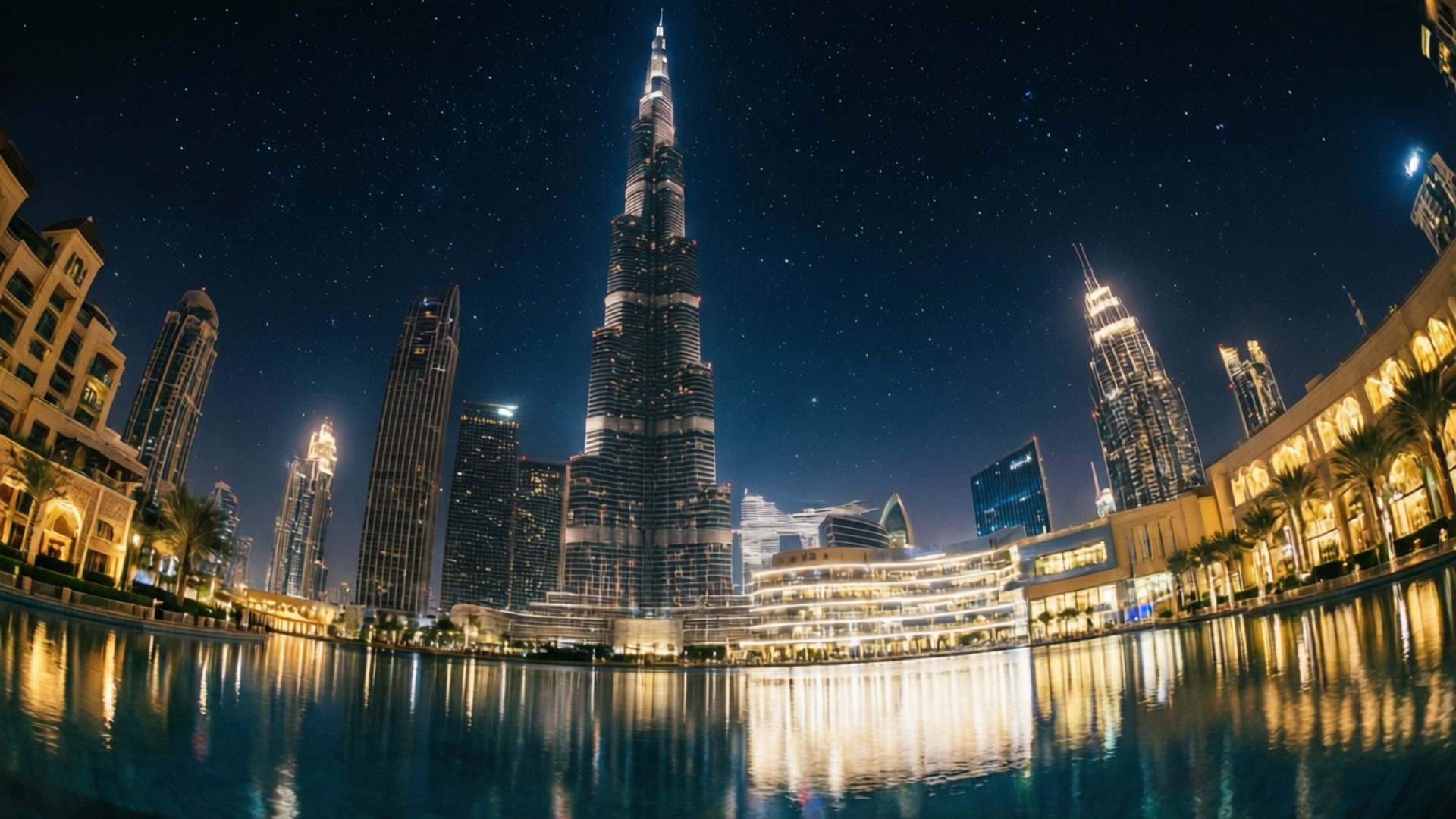 Burj Khalifa Night Reflection 壁紙 — 星空籠罩著燈火通明的哈里發塔和杜拜天際線，倒映在平靜的水池中。