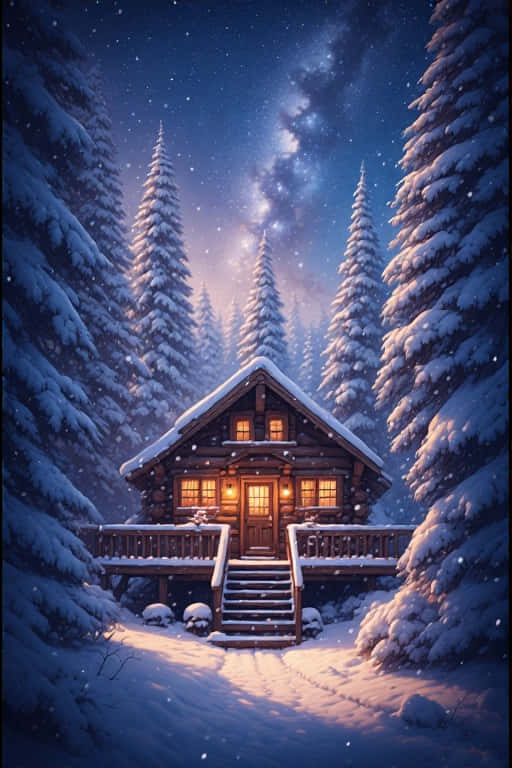 星空下松樹林中白雪覆蓋的發光窗戶小屋 — 4K 壁紙