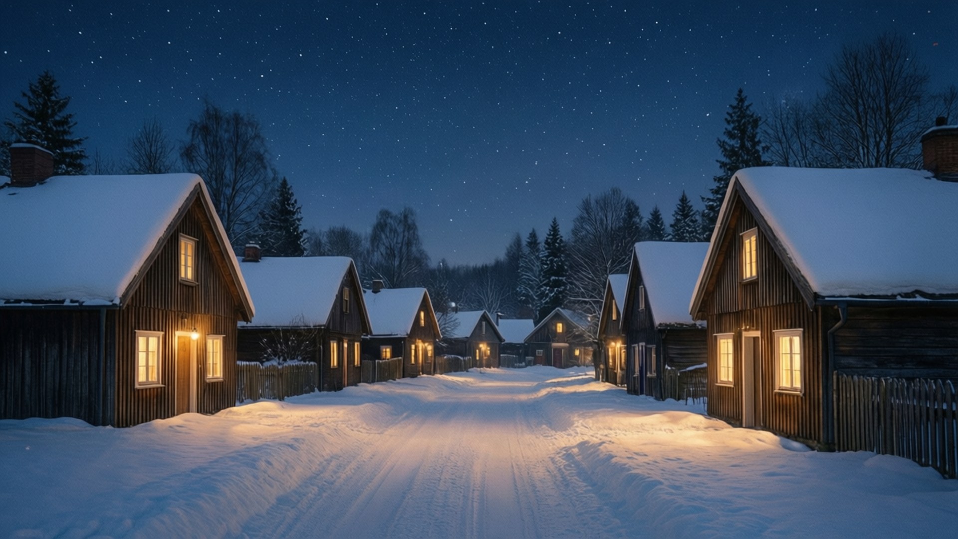 Snowy Village Night 壁紙 — 星空下，一條被雪覆蓋的村莊街道，夜晚有溫暖發光的窗戶。