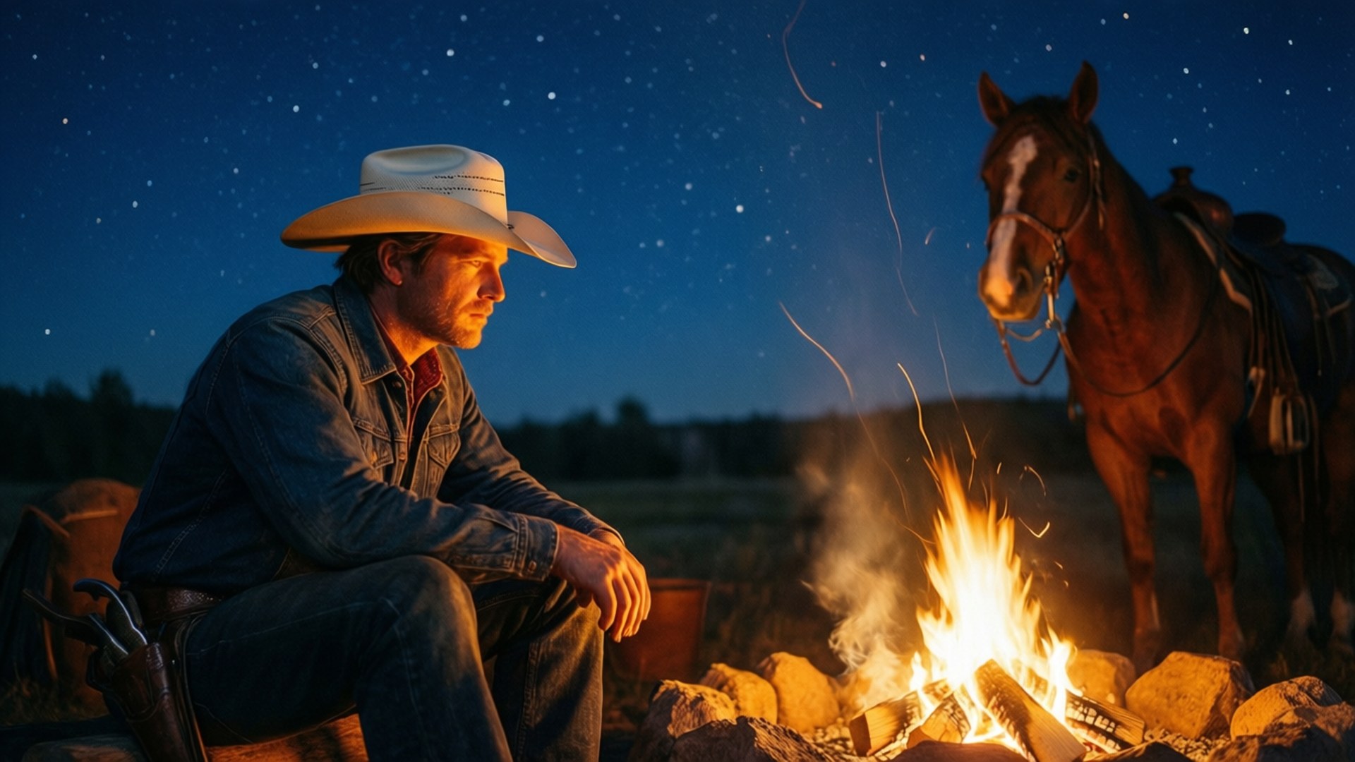 Campfire Tales 壁紙 — 一位戴白帽的牛仔坐在營火旁，星空下他的馬站在附近。