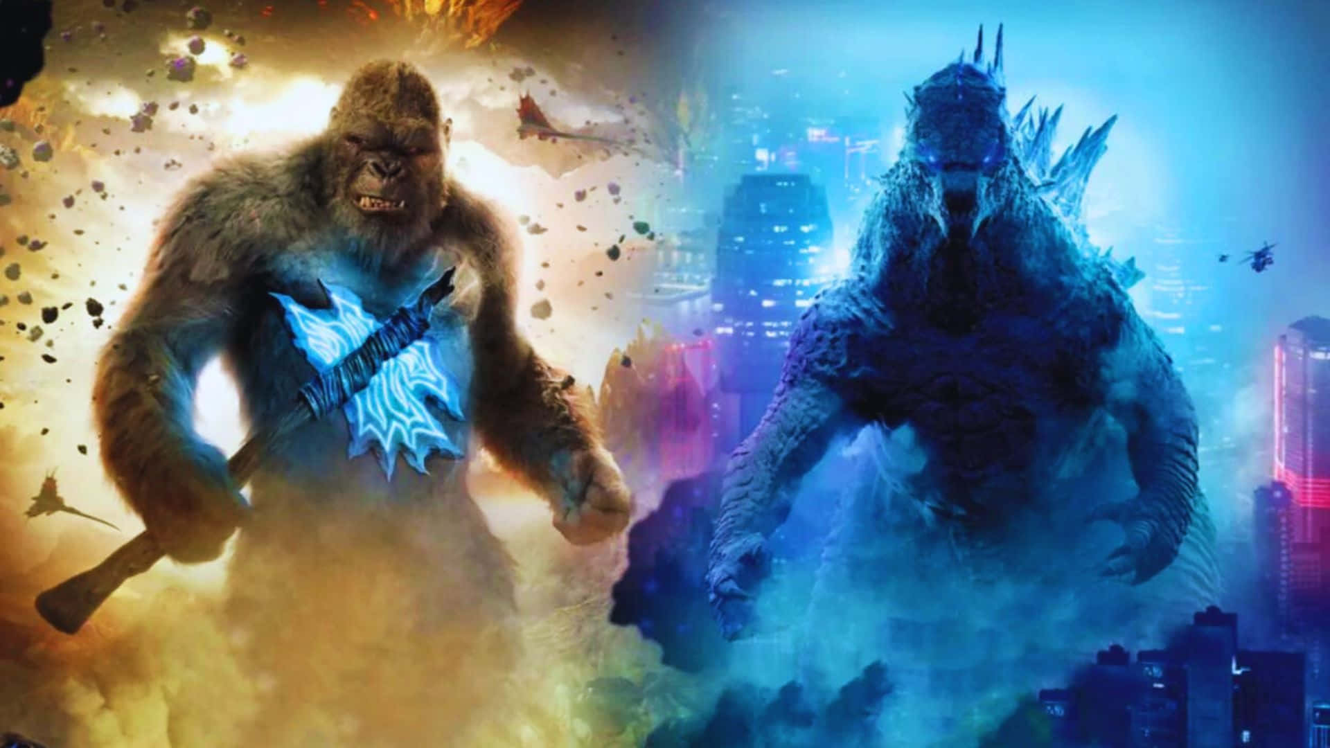 Godzilla X Kong The New Empire 桌布 壁紙 — 猩猩王揮舞發光劍對抗哥吉拉，在爆炸天空下燃燒的城市戰場中。