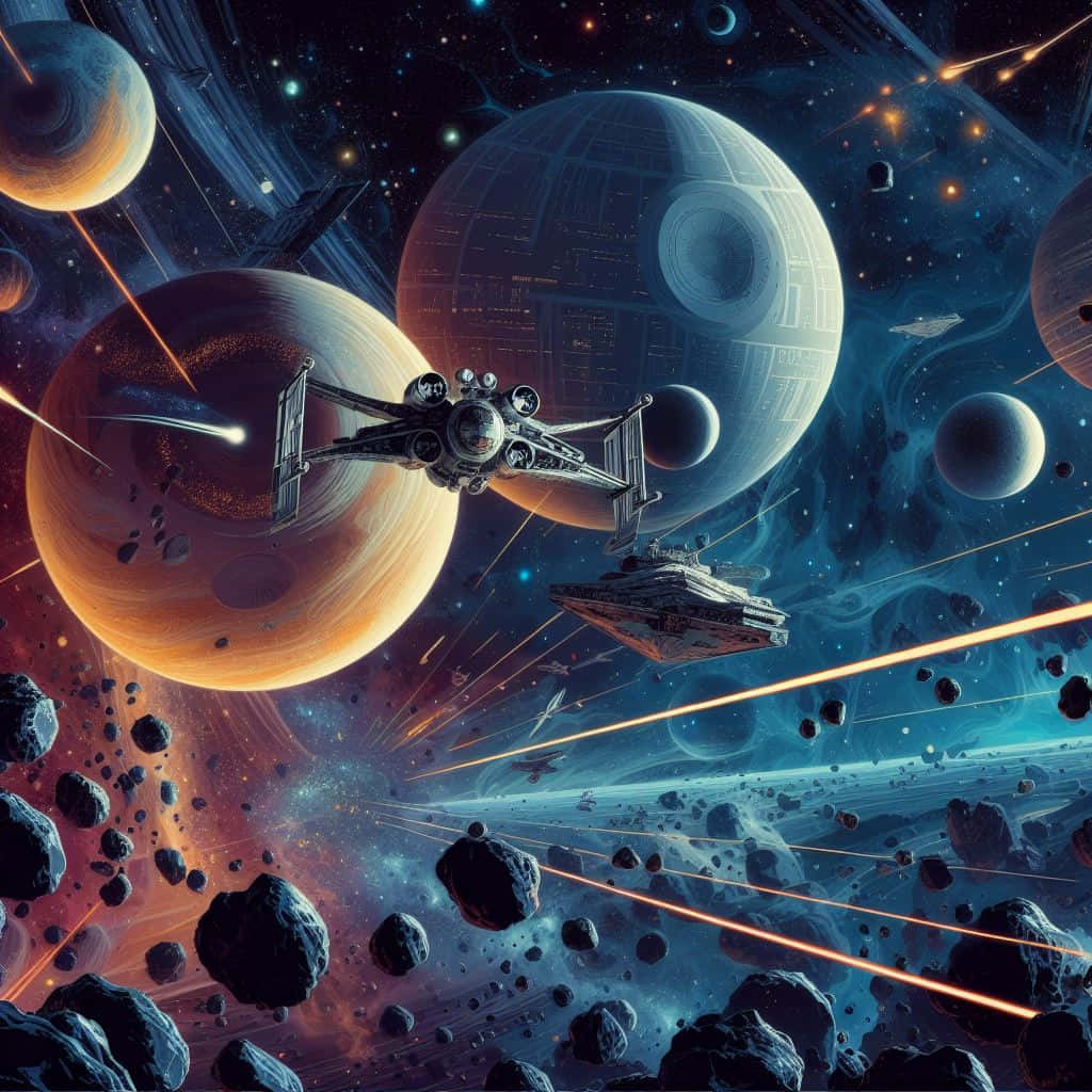  壁紙 — 在深空的彩色行星和小行星帶之間，一架星際戰機在死星附近閃避雷射炮火。