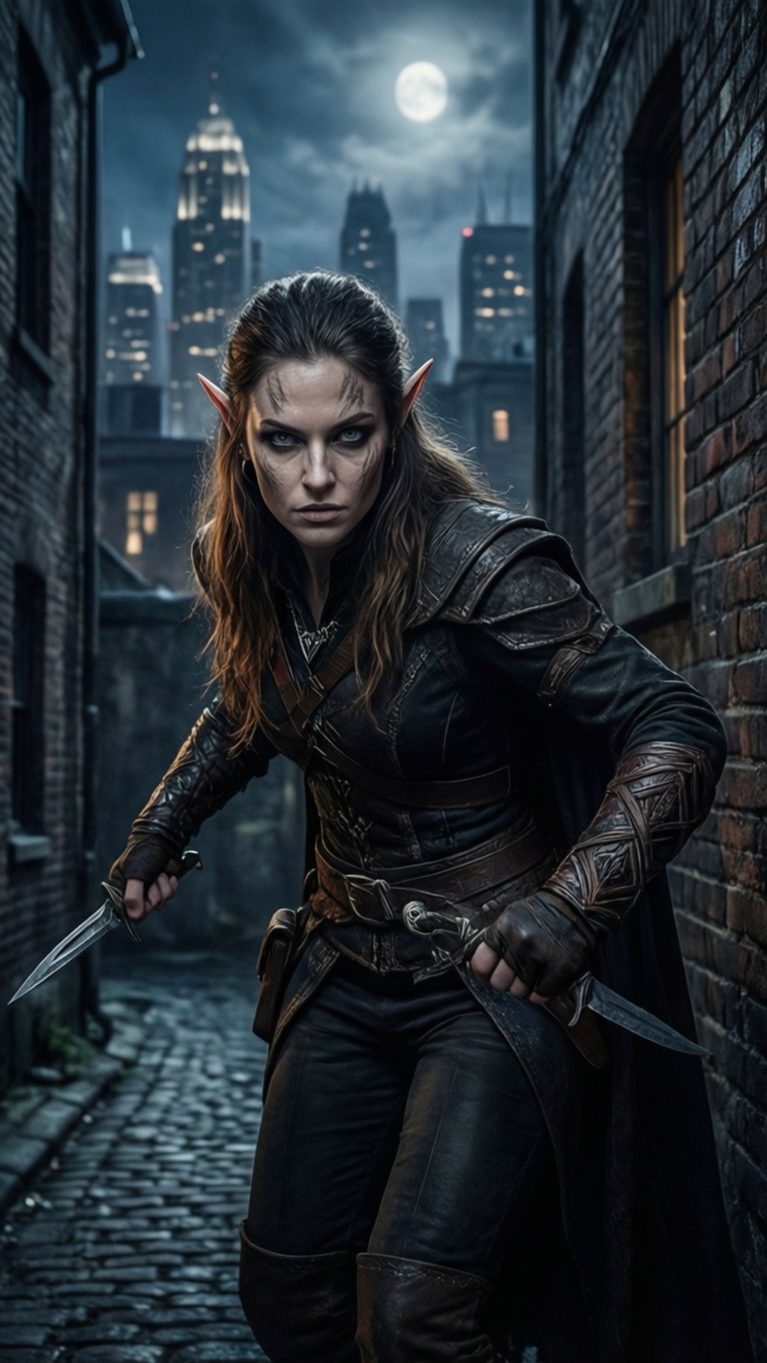 Half-Elf Rogue in Night Alley 壁紙 — 一個擁有尖耳朵的兇猛精靈戰士站在月光照耀的小巷中，手持兩把匕首，身後是城市天際線。