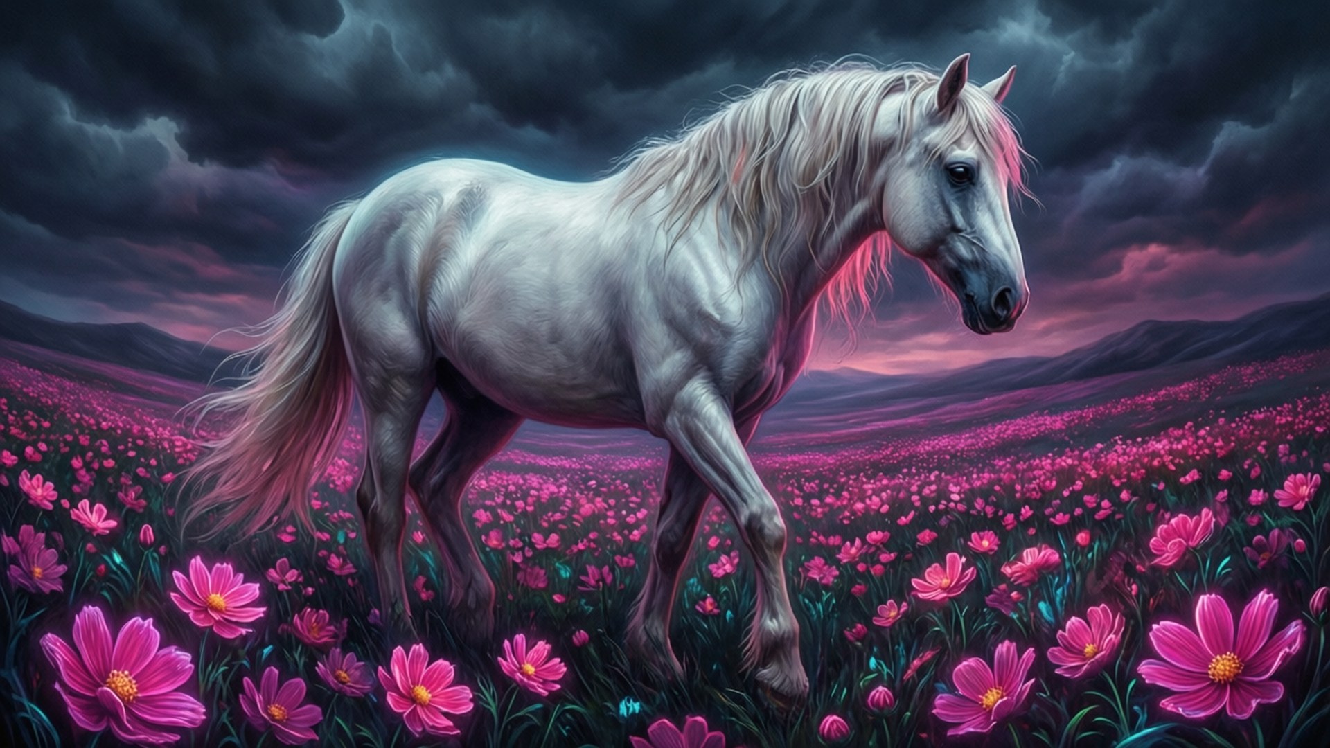 Surreal White Pony Field 壁紙 — 一匹雄偉的白馬優雅地站在一片發光的粉紅色花田中，背景是戲劇性的暮色天空。