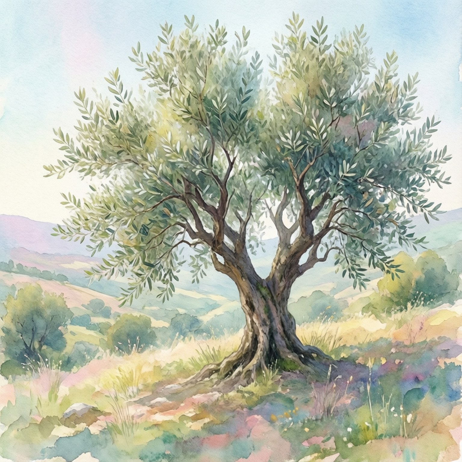Watercolor Olive 壁紙 — 一棵雄偉的橄欖樹，樹枝彎曲，綠葉茂盛，獨自矗立在陽光普照的水彩風景中，背景是起伏的丘陵和柔和粉彩的天空。
