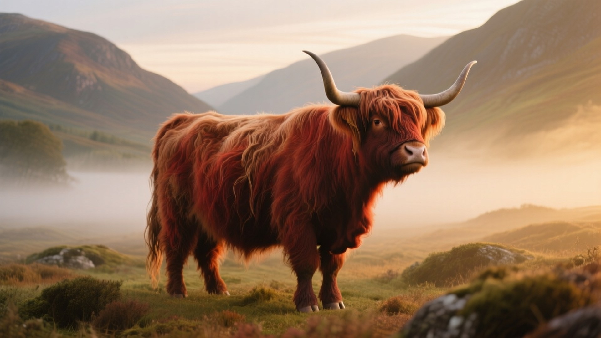 Highland Ox at Dawn 壁紙 — 一頭雄偉的高地牛，長著紅褐色長毛和彎曲的角，站在金色日出時霧氣瀰漫的山谷中。
