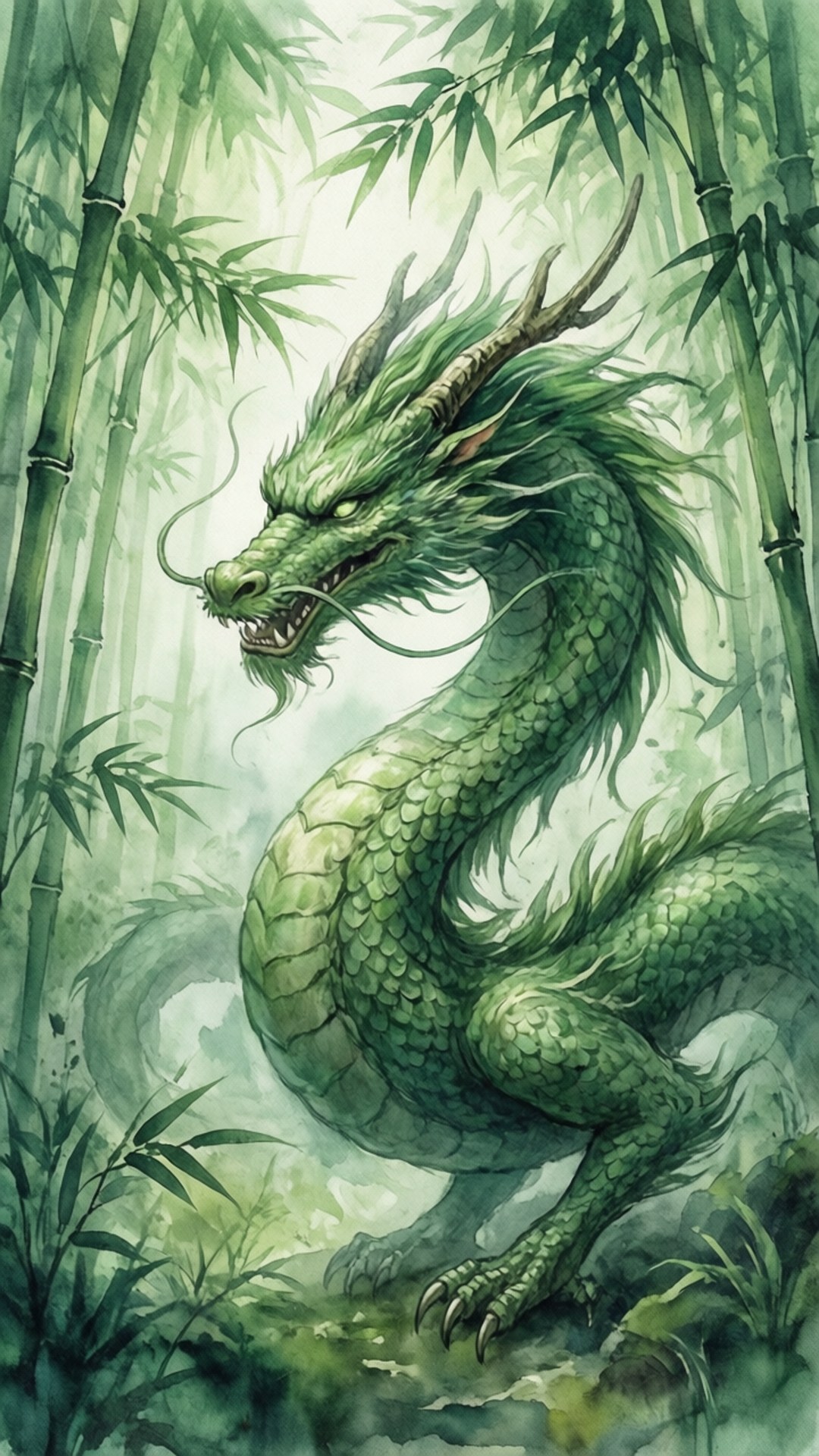 Watercolor Bamboo Dragon 壁紙 — 一條雄偉的綠色龍，身上有鱗片，鬃毛飄逸，站在霧氣森林中的高竹叢之間。