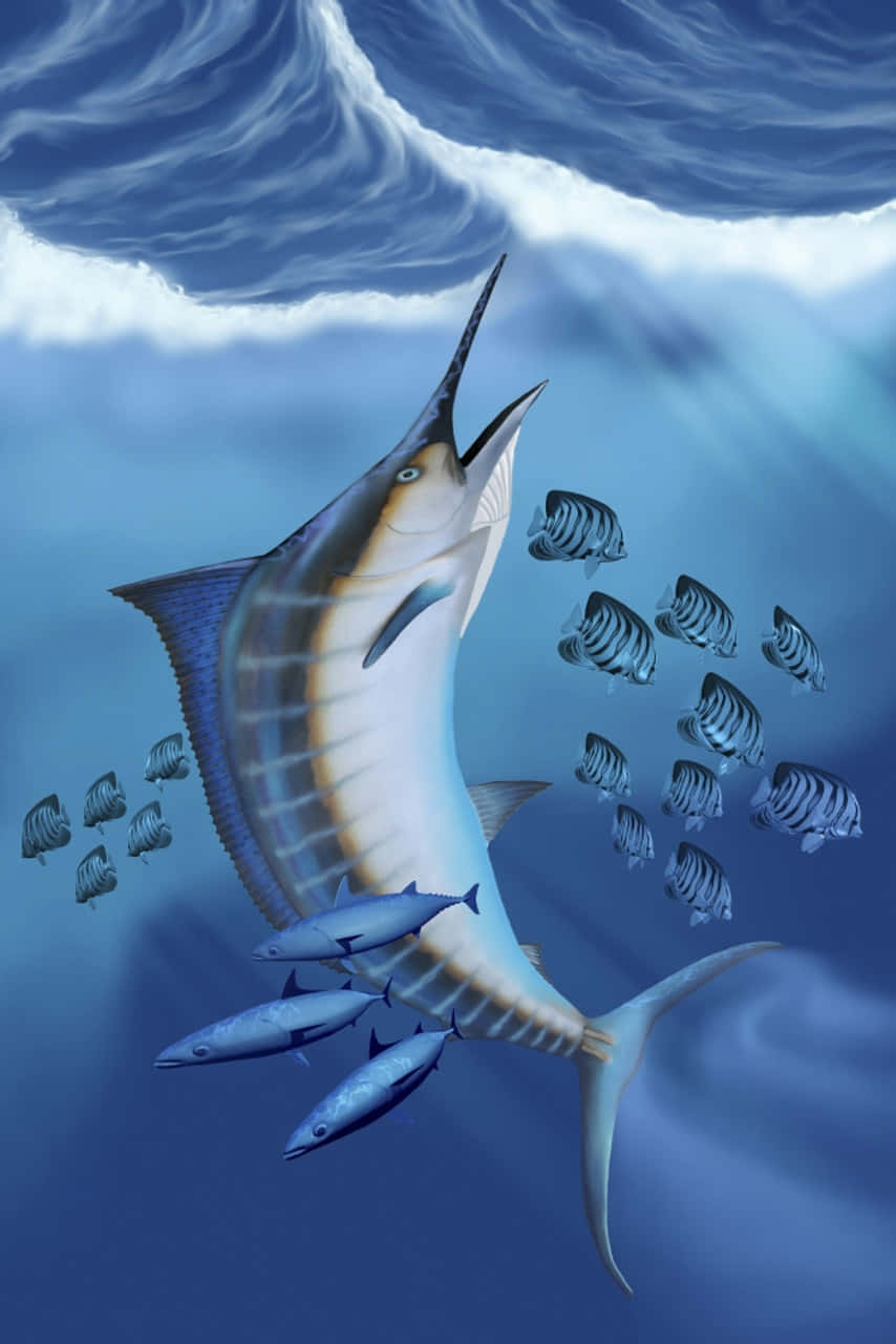  壁紙 — 一條雄偉的馬林魚衝破海浪，一群條紋魚在深藍色的海水中圍繞著牠游動。