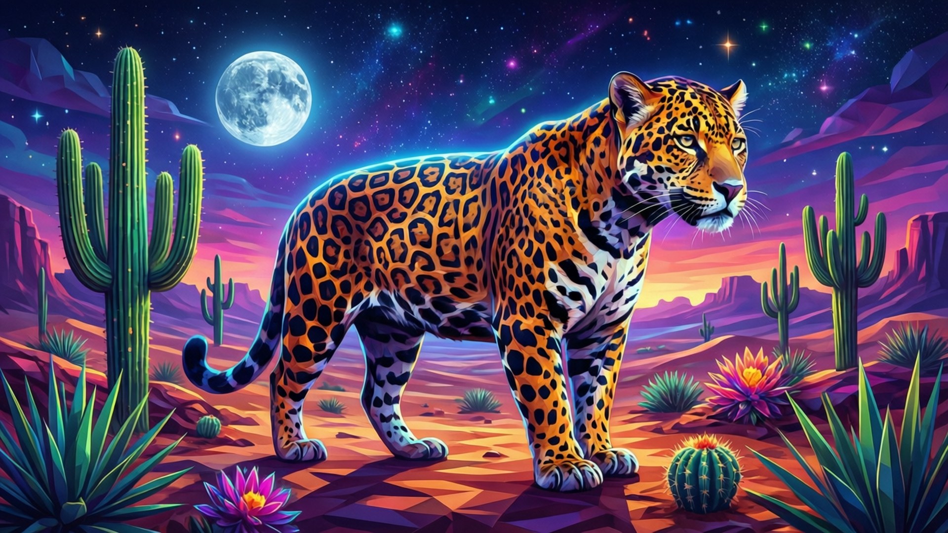 Jaguar Moon Desert 壁紙 — 一隻雄偉的美洲豹站在充滿活力的沙漠中，在發光的月亮和星空下，周圍有仙人掌和色彩繽紛的花朵。