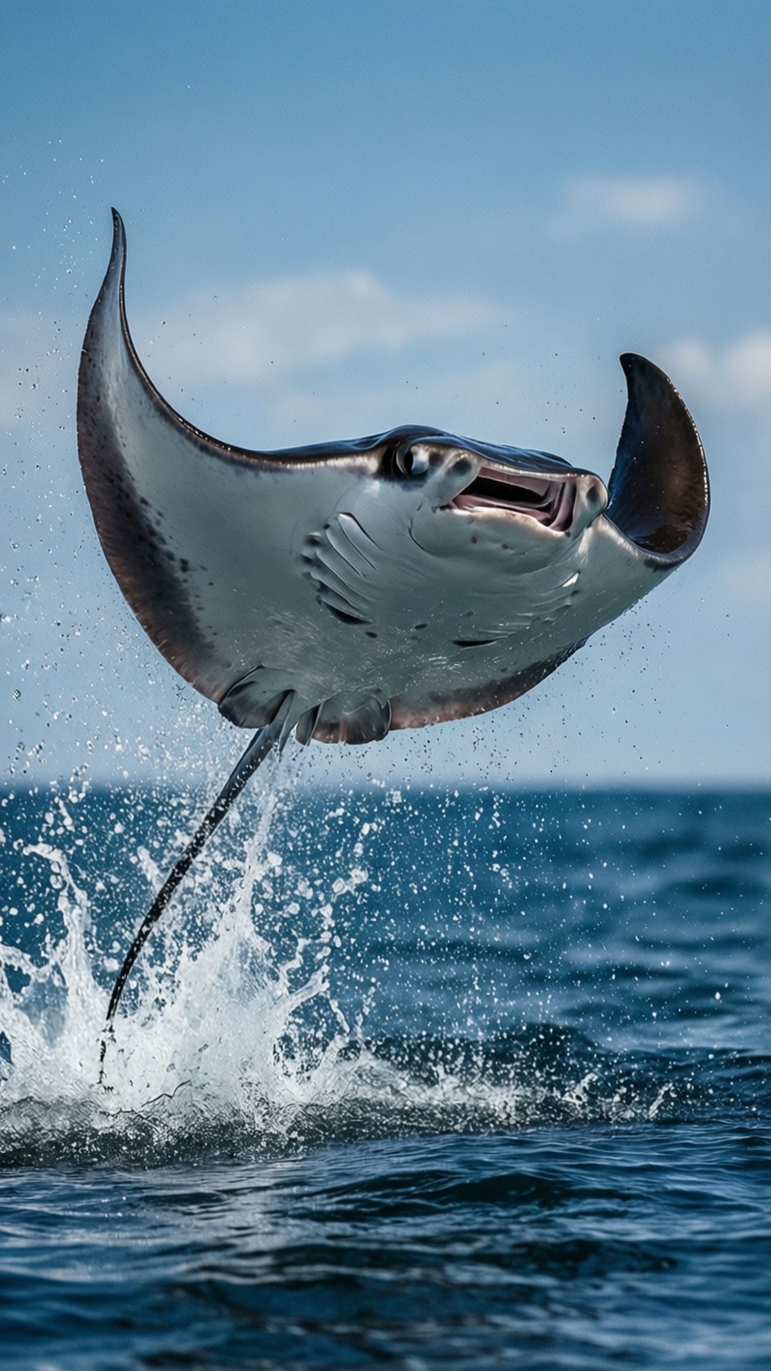 Leaping Stingray 壁紙 — 一隻雄偉的魔鬼魚在晴朗天空下從深藍色海洋水中戲劇性地躍出。