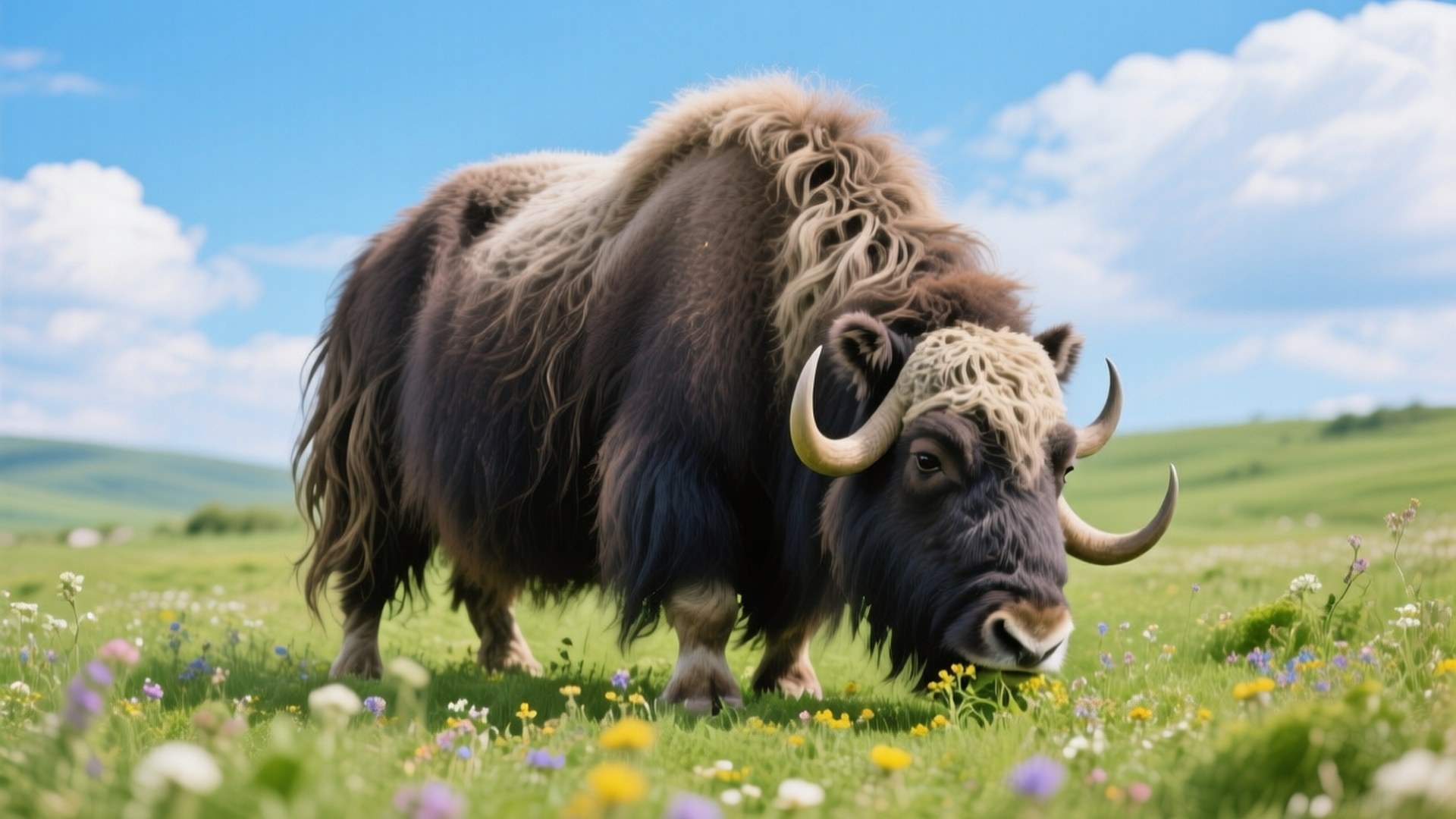 Grazing Musk Ox 壁紙 — 一頭雄偉的麝牛，擁有濃密蓬鬆的毛髮和彎曲的角，在明亮的藍天下，在點綴著野花的生機勃勃的草地上平靜地吃草。