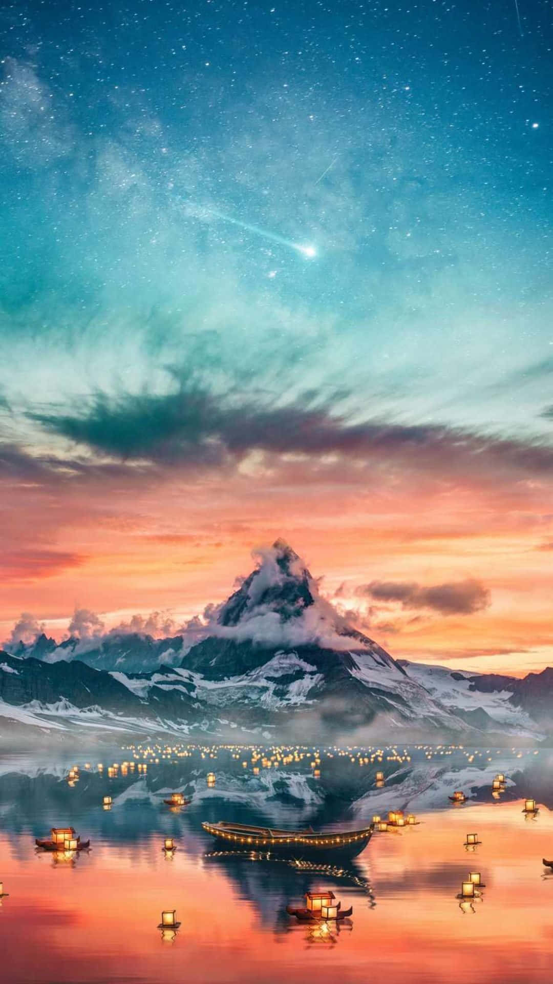 雪山和發光的燈籠漂浮在水面上，下方是繁星點點的暮色天空 — 3D 壁紙
