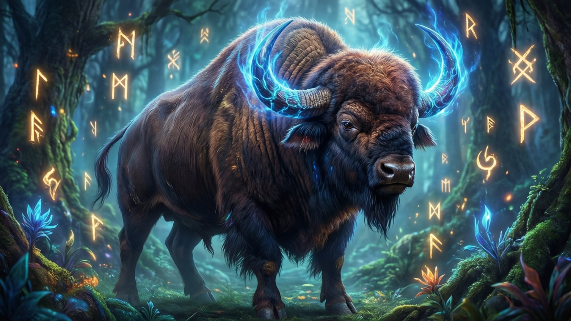 Mystical Horned Buffalo 壁紙 — 一頭雄偉的野牛，帶有發光的藍色角，站在神秘的森林中，古老的符文在它周圍漂浮。