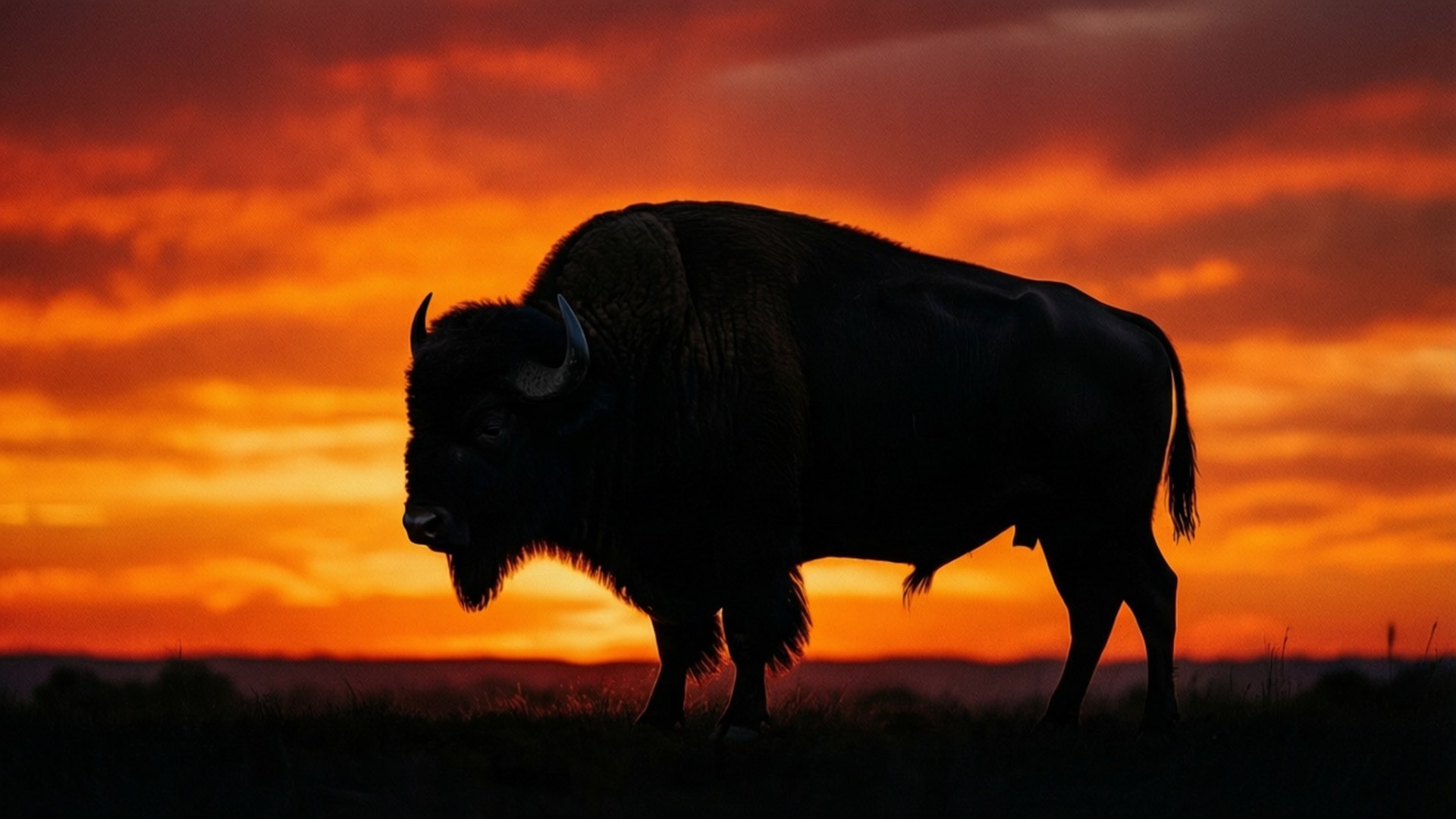 Sunset Buffalo Silhouette 壁紙 — 一頭雄偉的野牛在火紅的橙紅色日落天空下形成剪影。