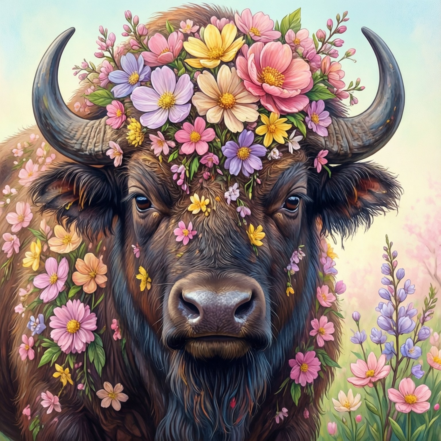 Spring Flower Buffalo 壁紙 — 一頭雄偉的野牛，頭戴由粉紅、黃色和紫色花朵組成的鮮豔花冠，背景是柔和粉彩的天空。