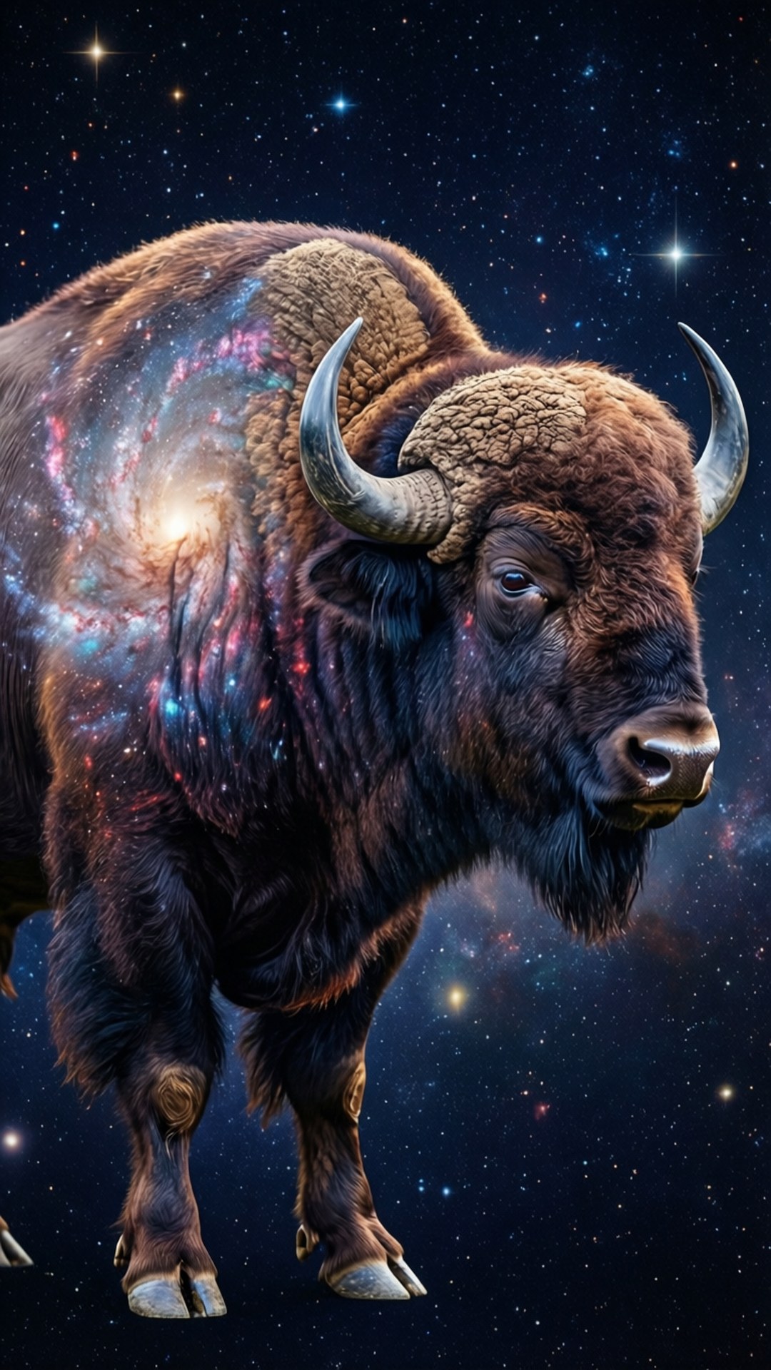 Galaxy Buffalo 壁紙 — 一頭雄偉的野牛站在繁星點點的宇宙背景前，一個充滿活力的螺旋星系在其側腹旋轉。
