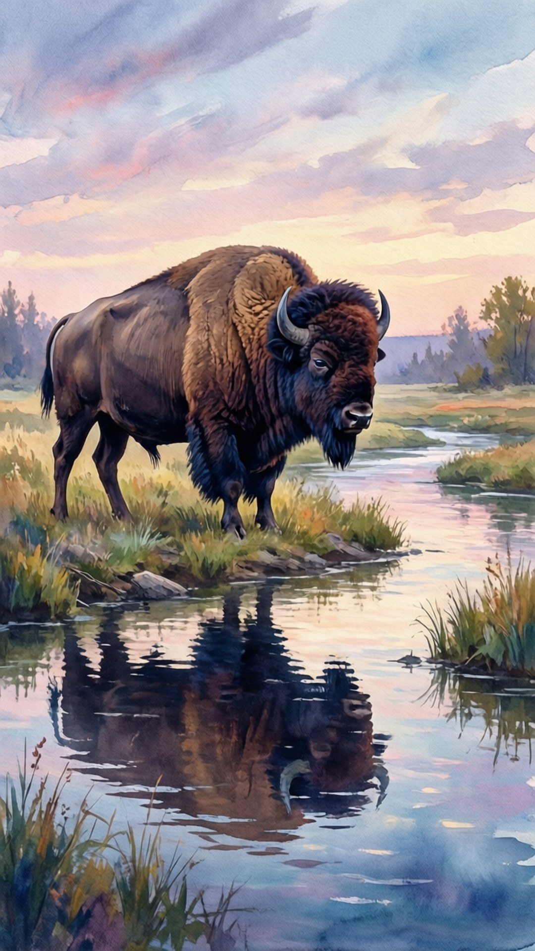 Watercolor Buffalo at Dusk 壁紙 — 一頭雄偉的野牛站在河邊，暮色將天空染成柔和的粉紅色和紫色，倒映在平靜的水面上。