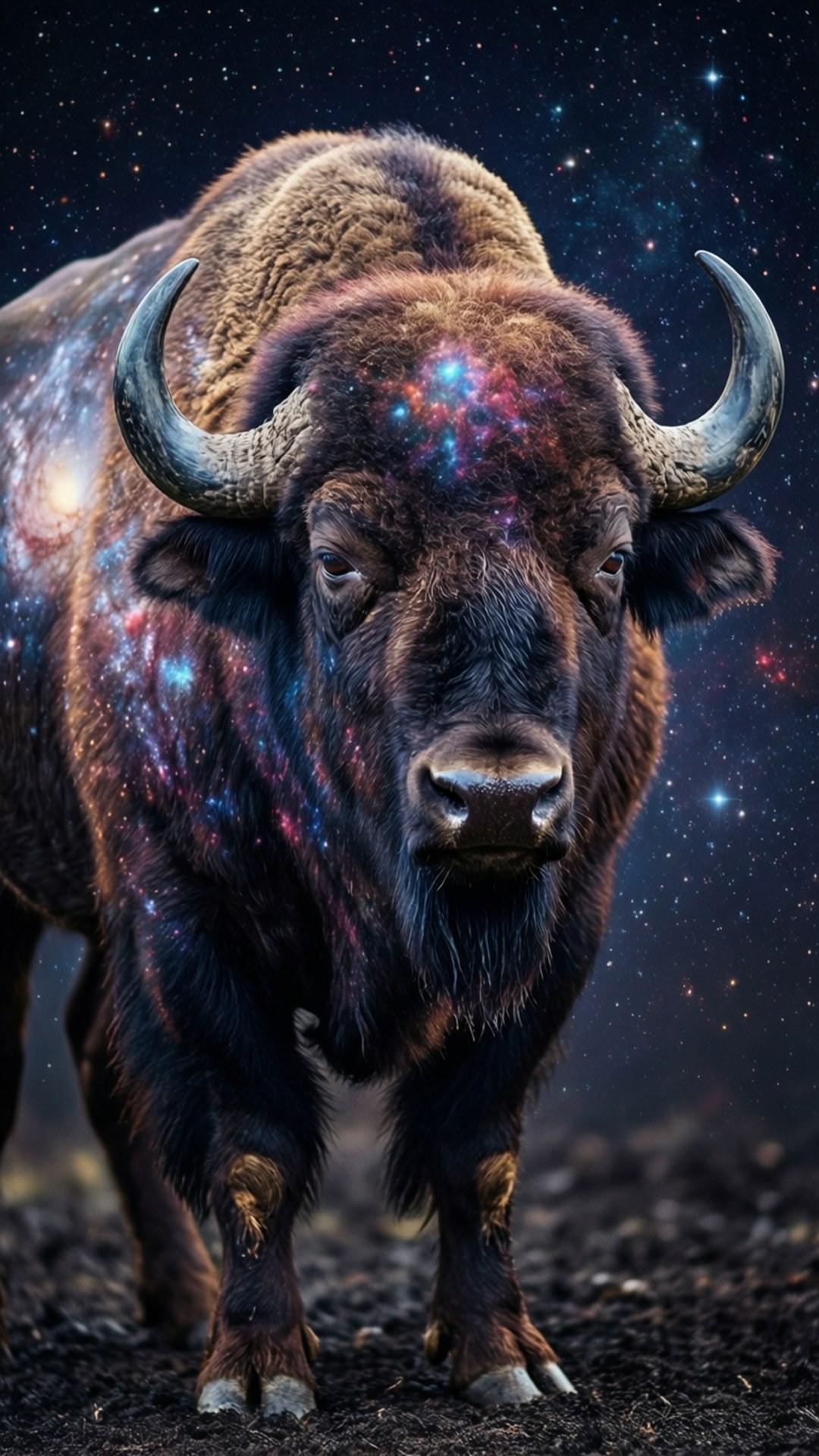 Galaxy Buffalo 壁紙 — 一頭雄偉的野牛站在黑暗的土地上，宇宙星雲在其皮毛和角上旋轉，背景是繁星點點的夜空。
