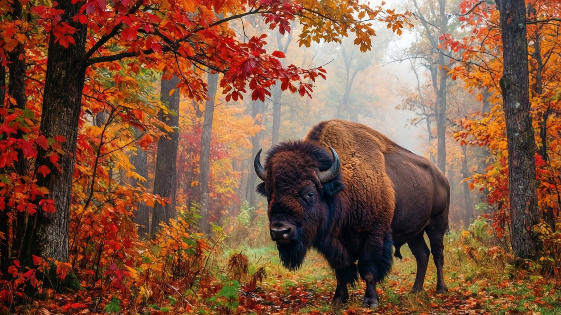 Autumn Forest Buffalo 壁紙 — 一頭雄偉的野牛站在霧氣瀰漫的秋林中，周圍是鮮豔的紅色、橙色和黃色樹葉。