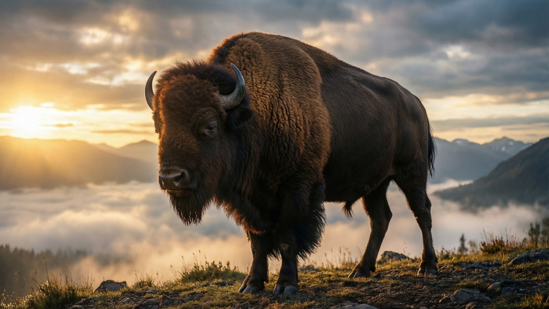 Majestic Buffalo at Sunrise 壁紙 — 一頭雄偉的野牛站在霧氣瀰漫的山脊上，日出時金色的光芒照亮了牠蓬鬆的皮毛和彎曲的角。