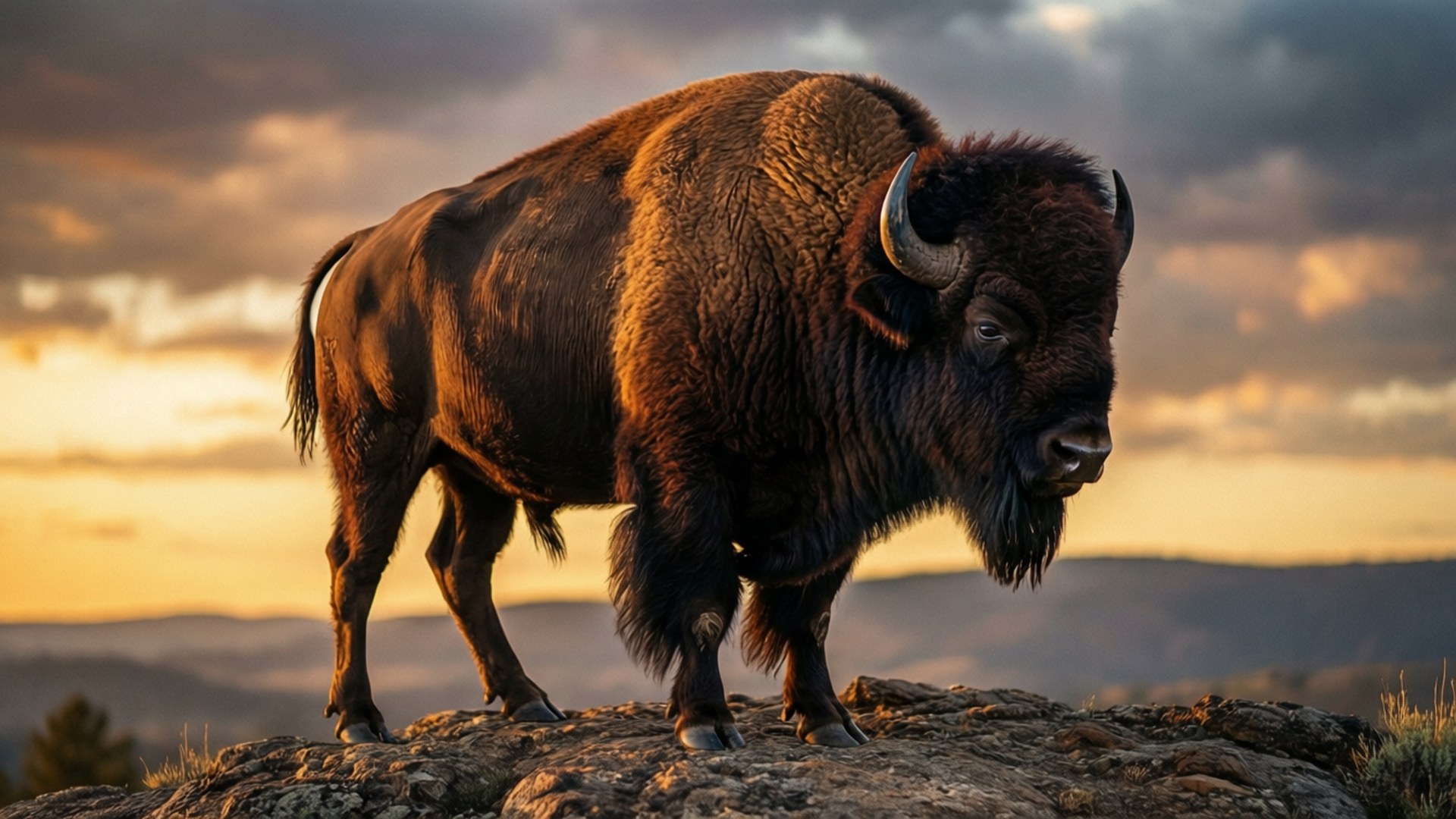 Buffalo at Golden Hour 壁紙 — 一頭雄偉的野牛站在岩石露頭上，夕陽的金色光芒照亮其濃密的皮毛，映襯著戲劇性的多雲天空。