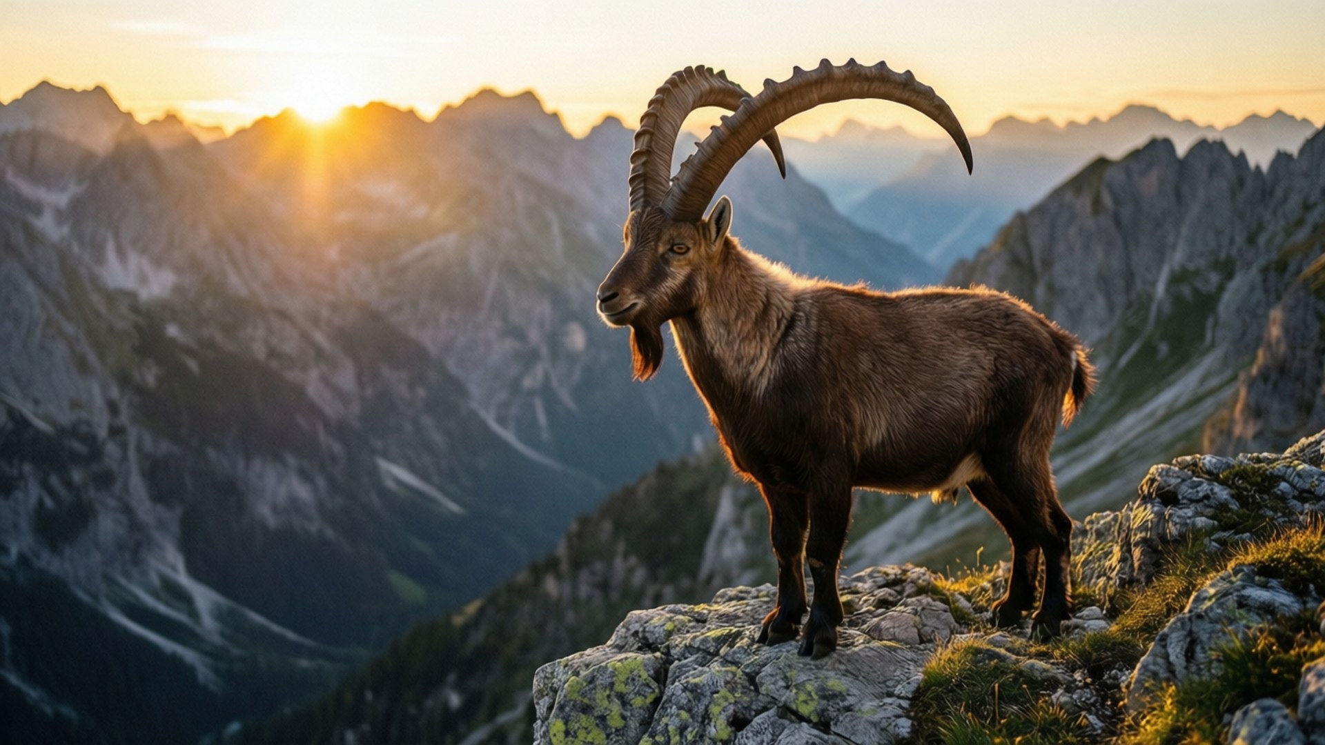 Ibex 桌布 壁紙 — 一隻雄偉的羱羊，長著彎曲的角，站在岩石山頂上，太陽在鋸齒狀的山峰後升起。