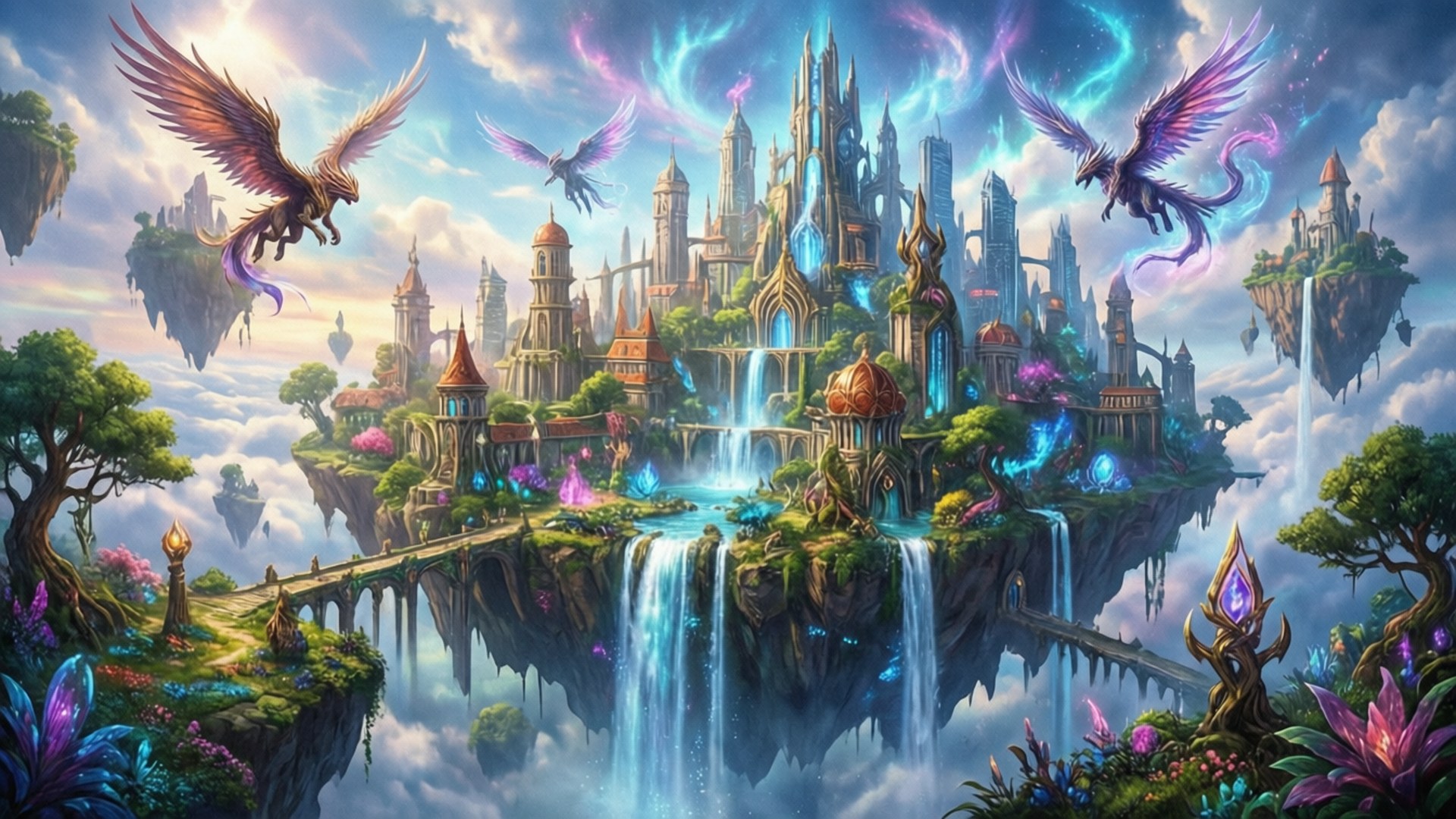 Sky City of Dungeons and Dragons 壁紙 — 一座雄偉的浮空城堡，帶有發光的藍色瀑布和紫色巨龍在茂密的雲島上空翱翔。