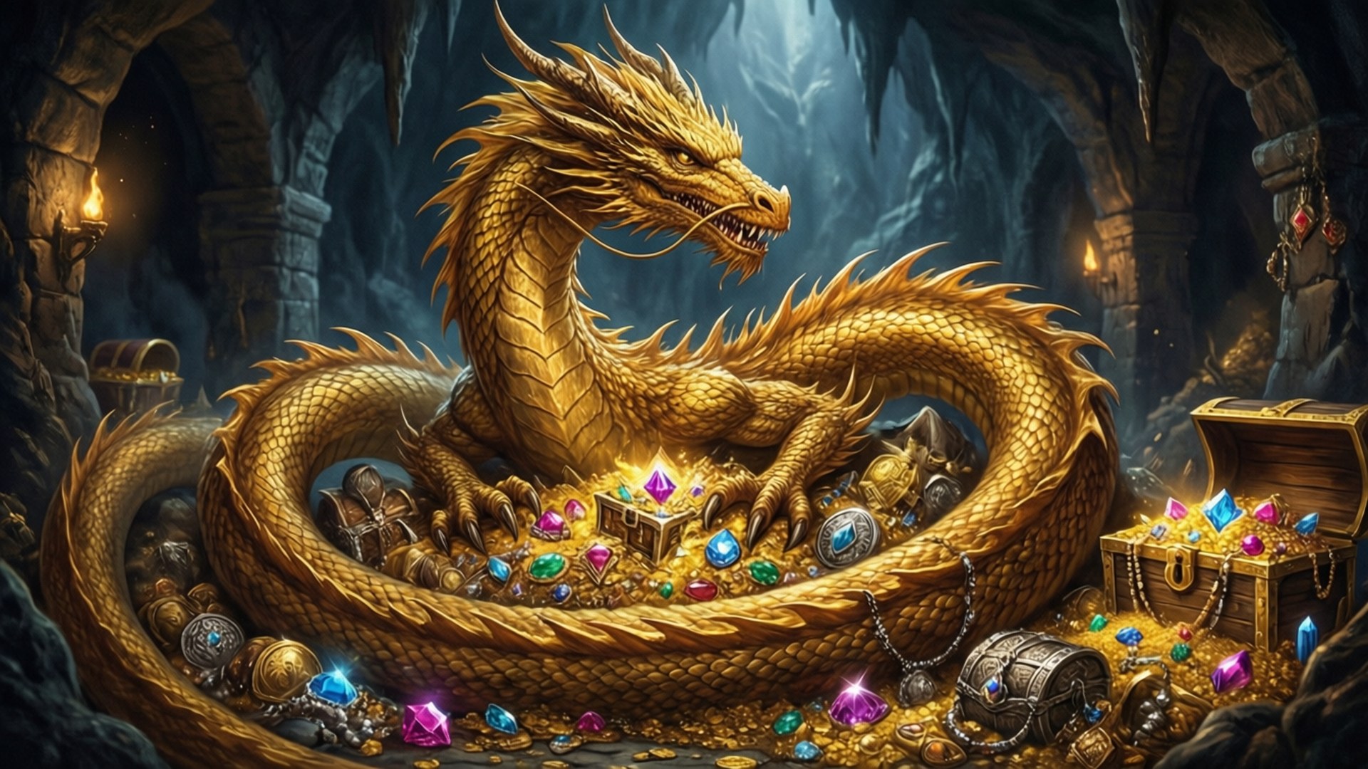Hoard Guardian 壁紙 — 一條雄偉的金龍在光線昏暗、有石拱和閃爍火把的洞穴中，保護性地纏繞著一堆寶藏。