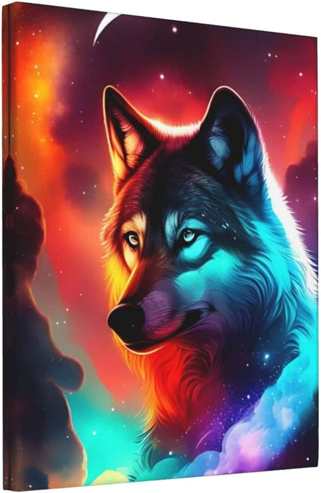  壁紙 — 一隻擁有發光眼睛的雄偉狼，凝視著由紅色、藍色和紫色星星組成的充滿活力的宇宙星雲。