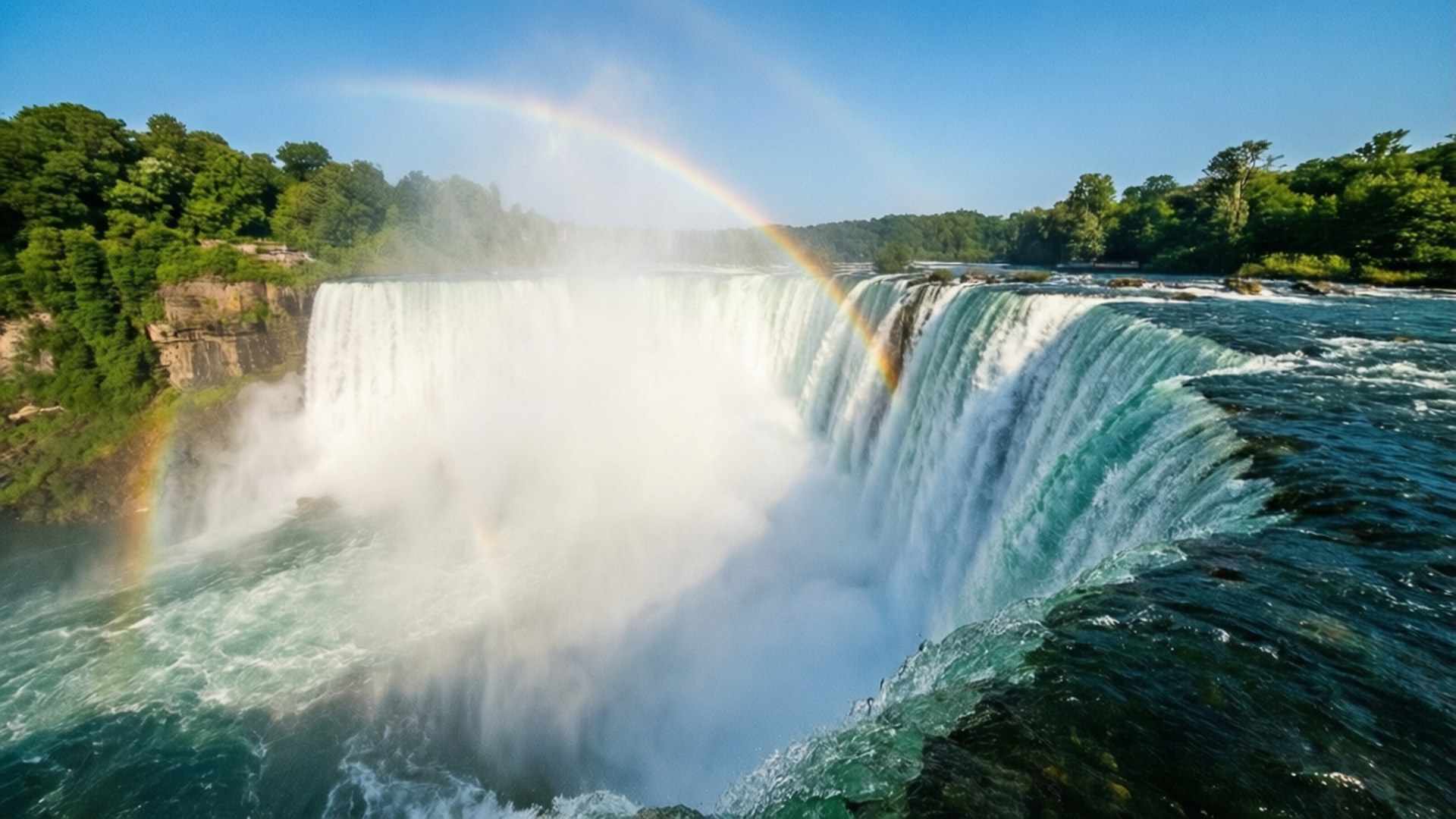Niagara Falls Rainbow 壁紙 — 一道雄偉的瀑布在晴朗的藍天下傾瀉入湍急的河流，一道鮮豔的彩虹橫跨在霧氣繚繞的綠色懸崖上。