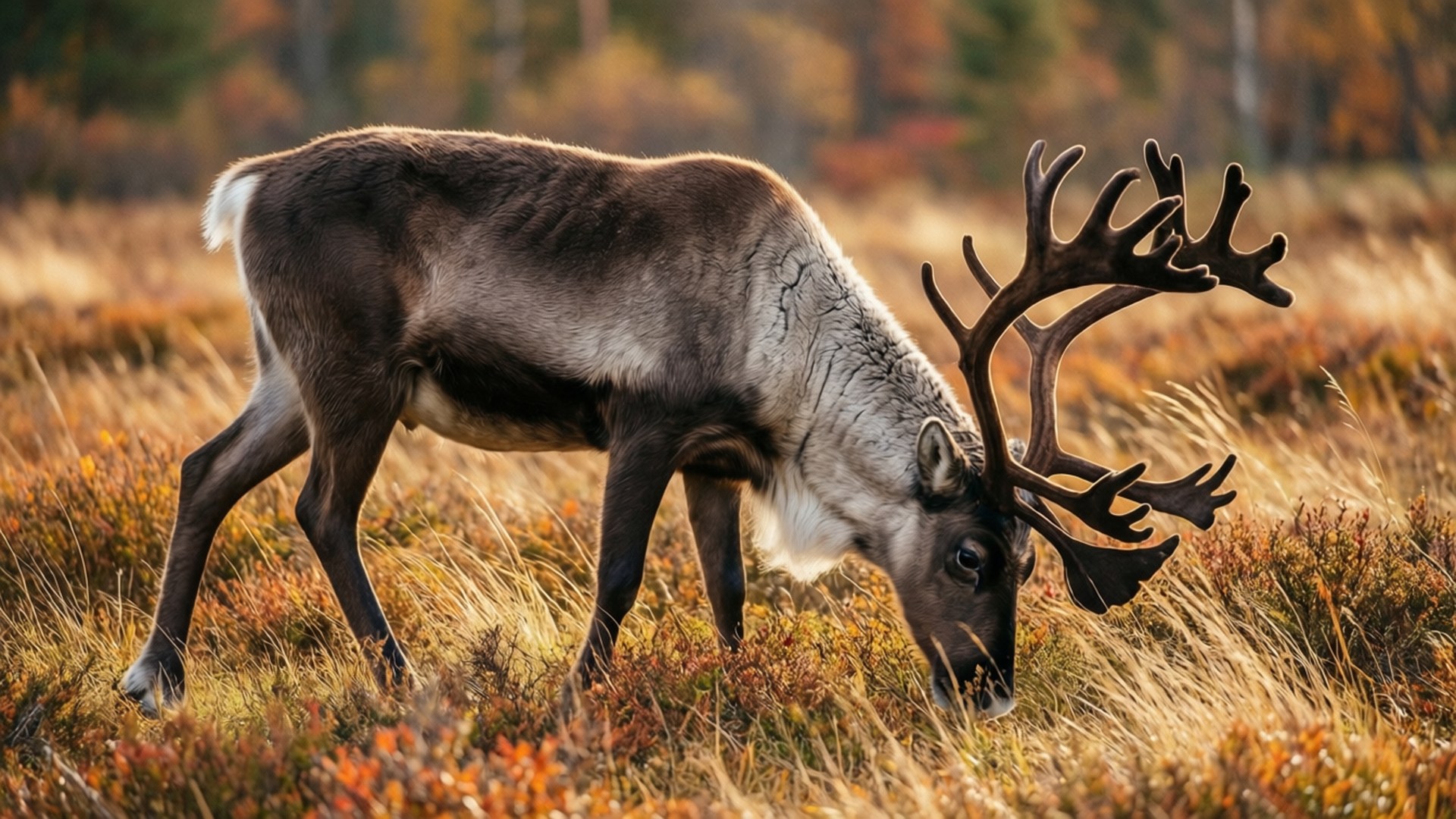 Autumn Reindeer Grazing 壁紙 — 一頭擁有巨大鹿角的雄偉馴鹿，在溫暖陽光下的金色秋日草地上吃草。