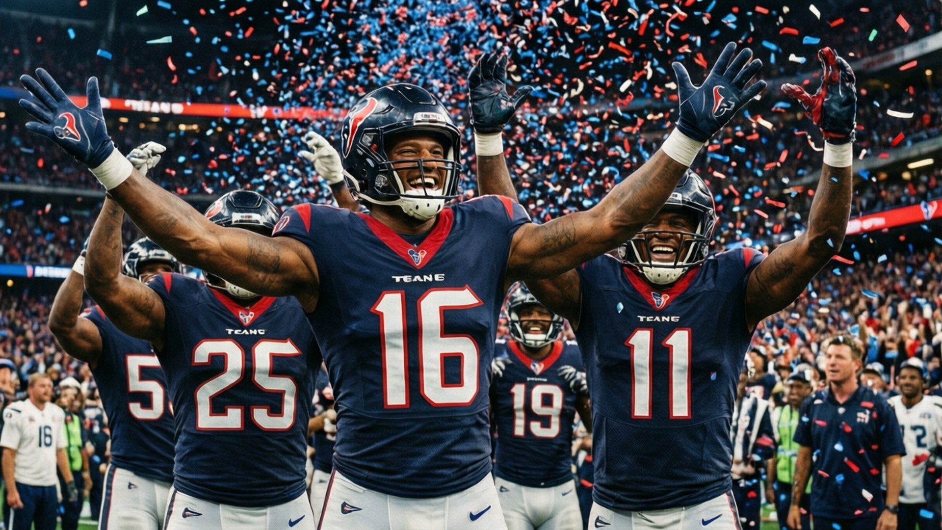 Touchdown Celebration 壁紙 — 休士頓德州人隊的足球員高舉雙臂慶祝勝利，紅、藍、白色的紙屑如雨般灑落在球場上。