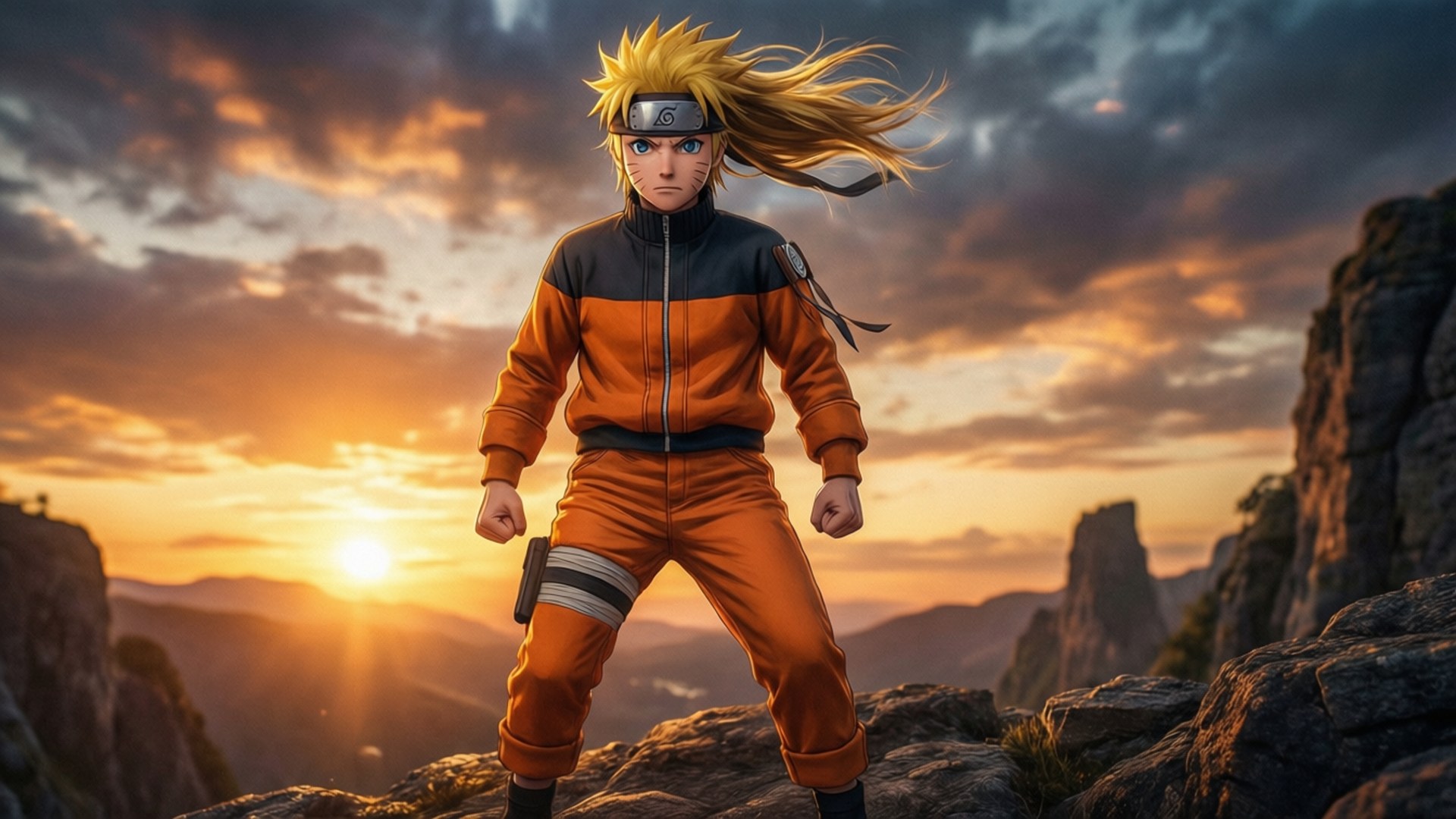 Naruto at Sunset 壁紙 — 漩渦鳴人挑釁地站在日落時分的岩石懸崖上，金髮隨風飄揚，橙色連身衣襯托著戲劇性的天空。