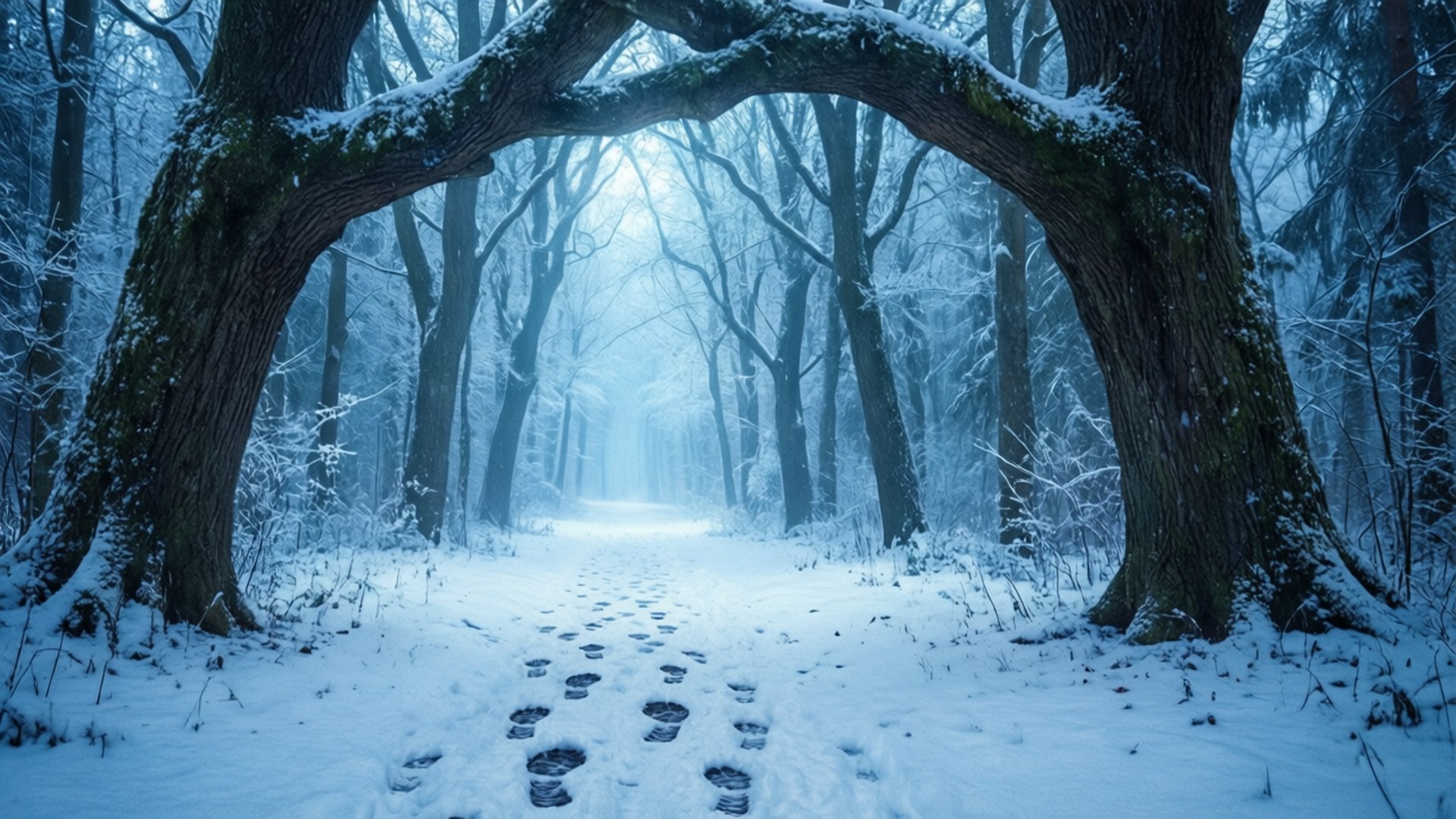 Snowy Forest Path 壁紙 — 一條被兩棵積雪覆蓋的巨大樹木拱起遮蓋的雪地森林小徑，腳印通向迷霧般的藍光中。