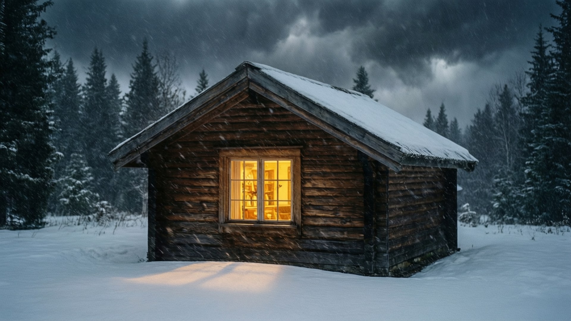 Cozy Cabin in Snowstorm 壁紙 — 雪地森林中一間舒適的木屋，在暴風雨的夜空下，窗戶透出溫暖的光芒。