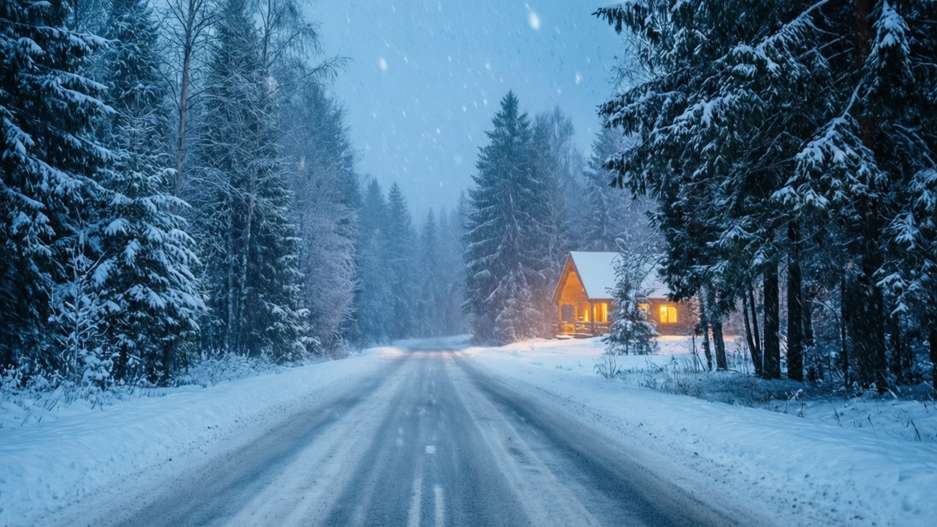 Winter Snowy Road 壁紙 — 一條被雪覆蓋的道路蜿蜒穿過茂密的森林，通往一間在飄雪中閃耀著溫暖燈光的木屋。