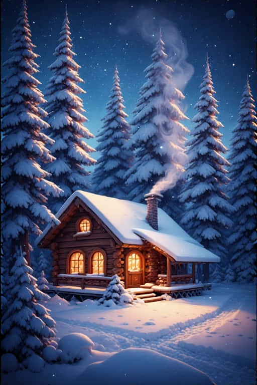雪地森林中的木屋，發光的窗戶和升起的煙霧，在星空下 — 4K 壁紙