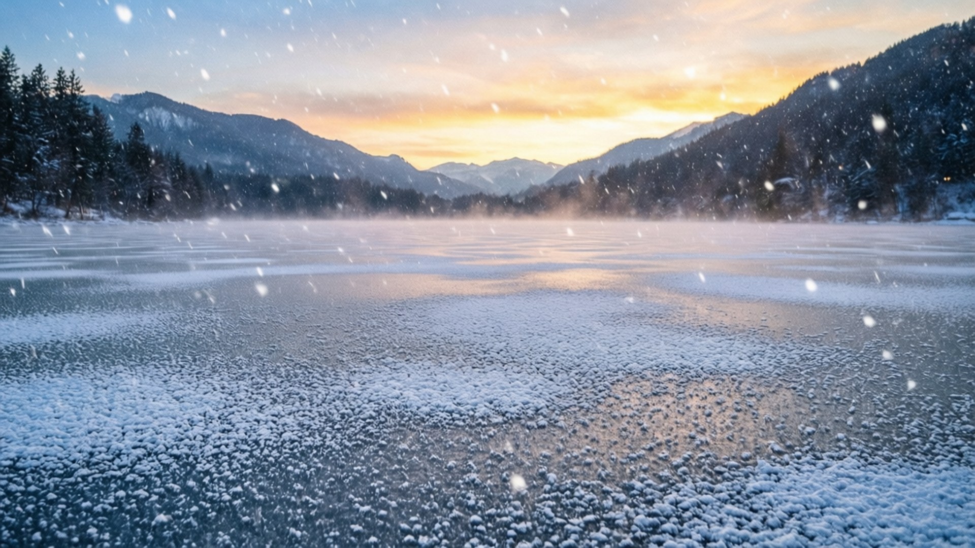 Sunrise Winter Wonderland 壁紙 — 雪花飄過結冰的湖面，反射出雪山背後的金色日出。
