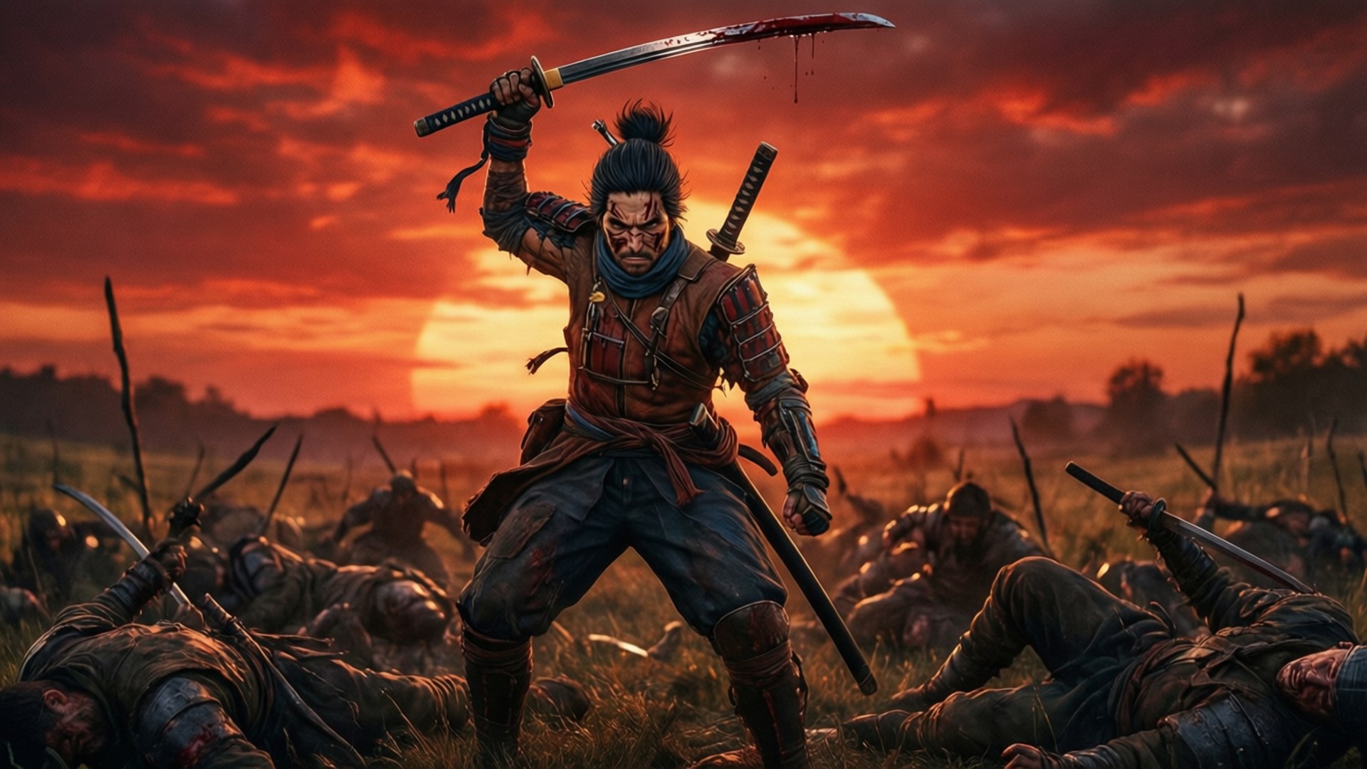 Victory at Dusk 壁紙 — 一個血淋淋的武士戰士在日落時分站在倒下的敵人之上，高舉滴血的劍，勝利姿態。