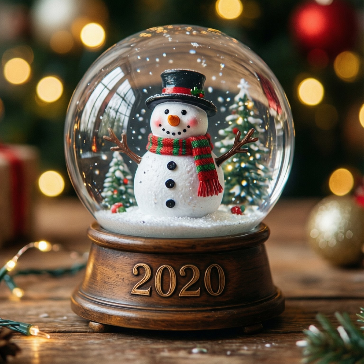 Snow Globe 2020 壁紙 — 一個雪球，裡面有一個戴著高頂帽和紅綠圍巾的雪人，站在刻有2020的木製底座上，周圍環繞著節日燈光和松樹枝。