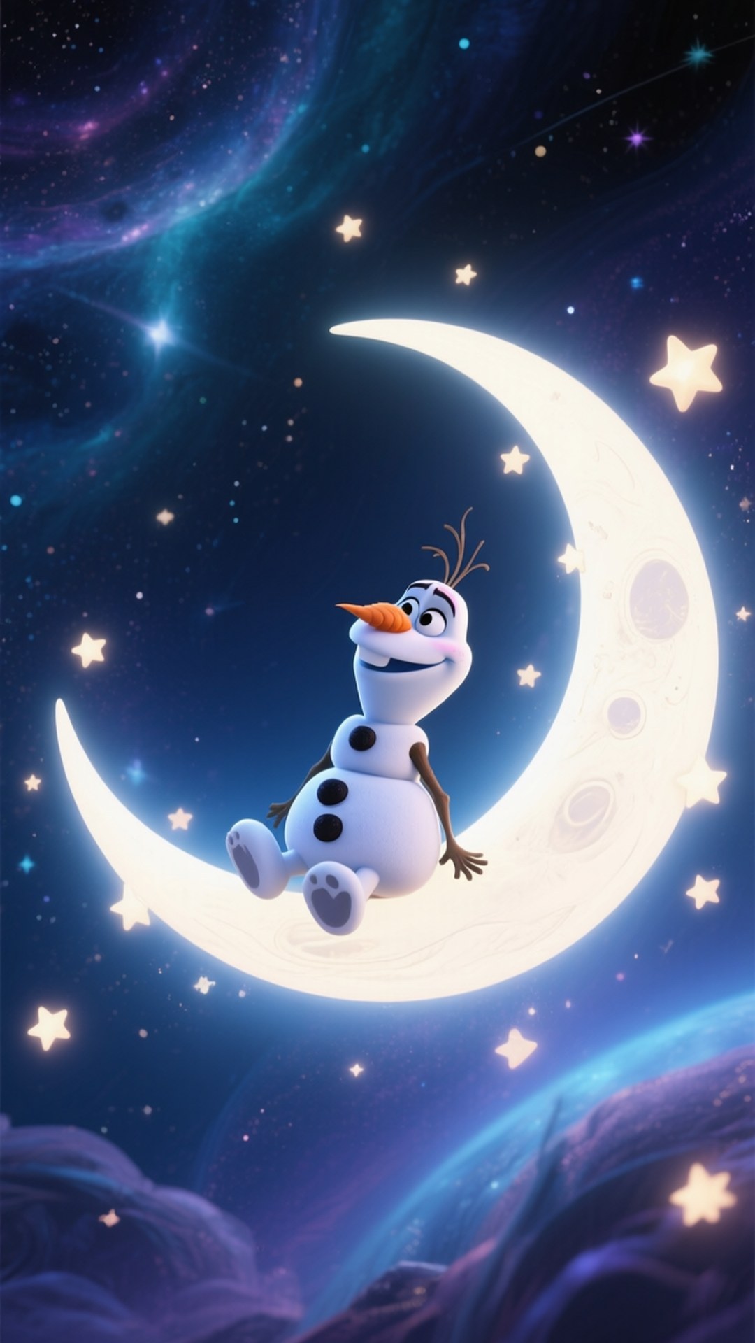 Olaf on the Moon 壁紙 — 雪人奧拉夫愉快地坐在發光的彎月上，周圍是閃爍的星星和宇宙星雲。