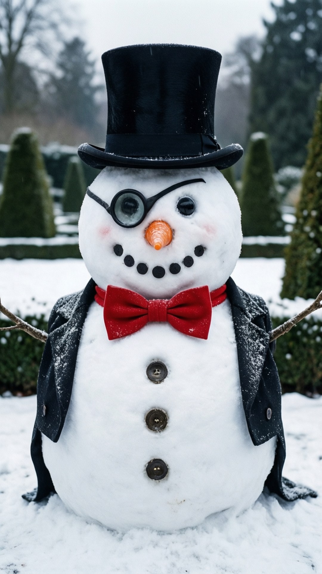 Elegant Snowman Gentleman 壁紙 — 一個雪人戴著黑色高帽、單片眼鏡、紅色領結和外套，站在有常青樹的雪地花園中。