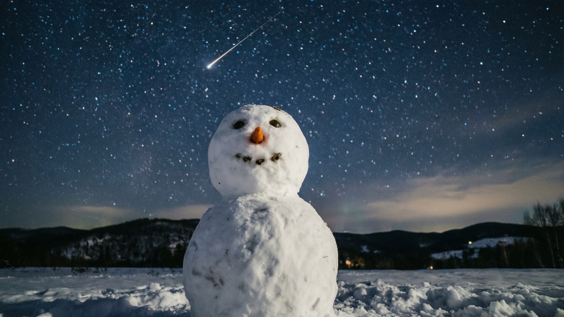 Snowman Under Stars 壁紙 — 一個雪人，有煤炭眼睛、胡蘿蔔鼻子和樹枝嘴巴，站在雪地裡，夜空繁星點點，一顆明亮的流星劃過頭頂。