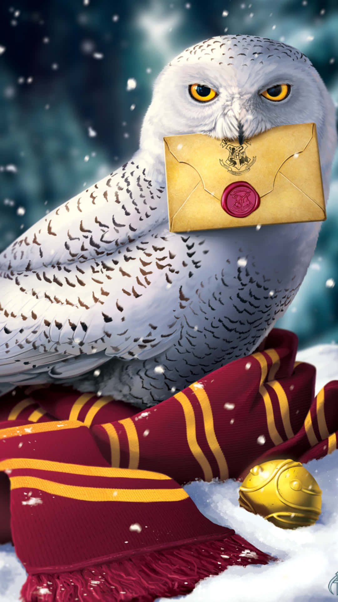  壁紙 — 一隻雪鴞棲息在葛來分多圍巾上，拿著一封以紅色火漆封印的霍格華茲信件，背景是雪夜的天空。