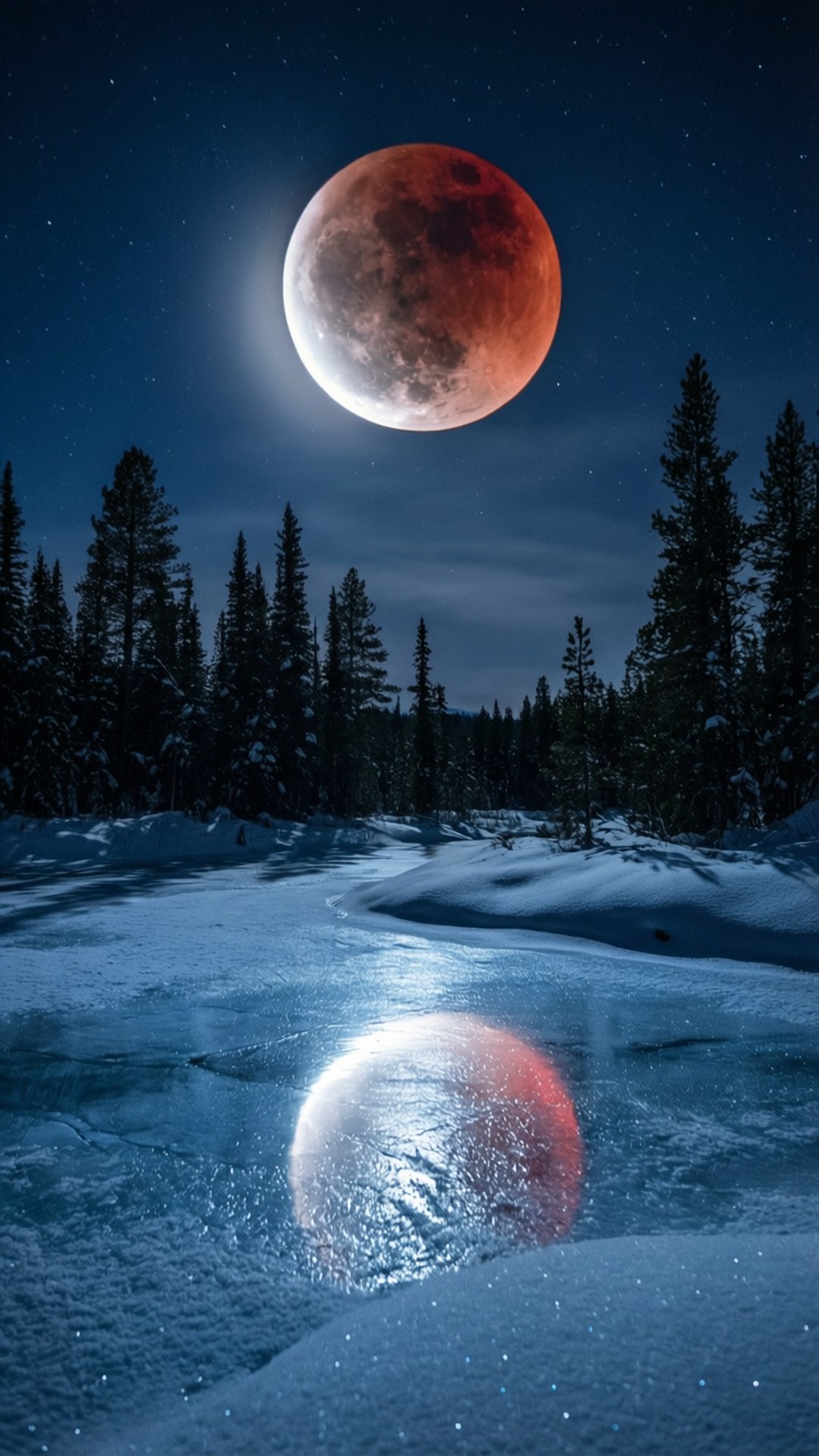 Snowy Eclipse Night 壁紙 — 血月懸掛在雪覆蓋的森林上空，映照在結冰的河流中，星空下。